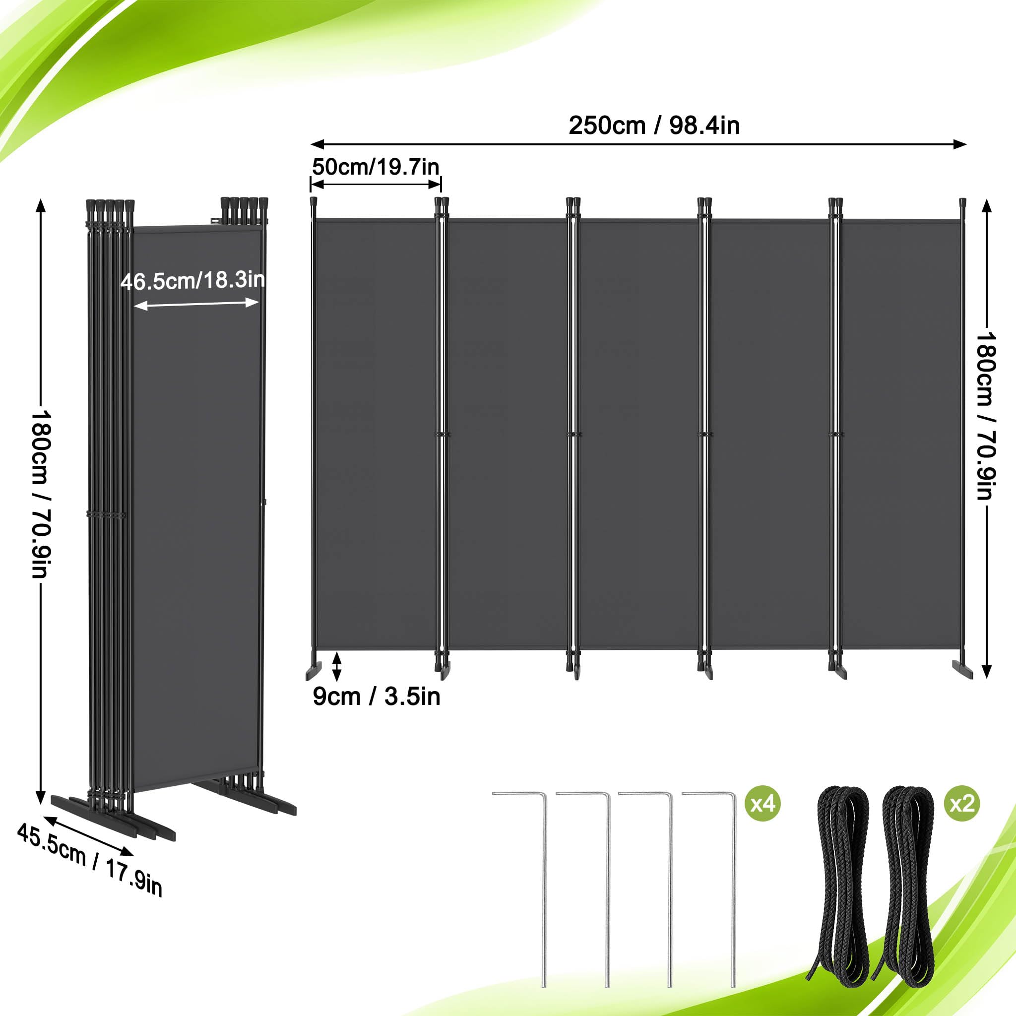 UISEBRT Trennwand Raumteiler innen 5 Teilig 250 x 180 cm,Paravent Outdoor wetterfest stabil mit Heringen & Abspannleinen,Raumtrenner Spanische Wand sichtschutz Balkon Garten,Dunkelgrau