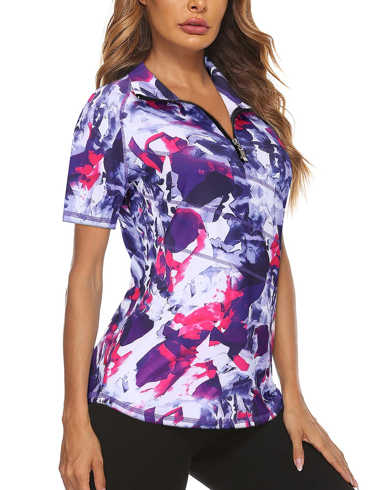 FlikityWomens Polo Shirts UK 1/4 Zip Quick Dry Ladies Golf Tops Moisture Wicking Sport Gym Athletic Tops Casual Workout Tops Yoga Tennis Runnning T Shirts S-2XL