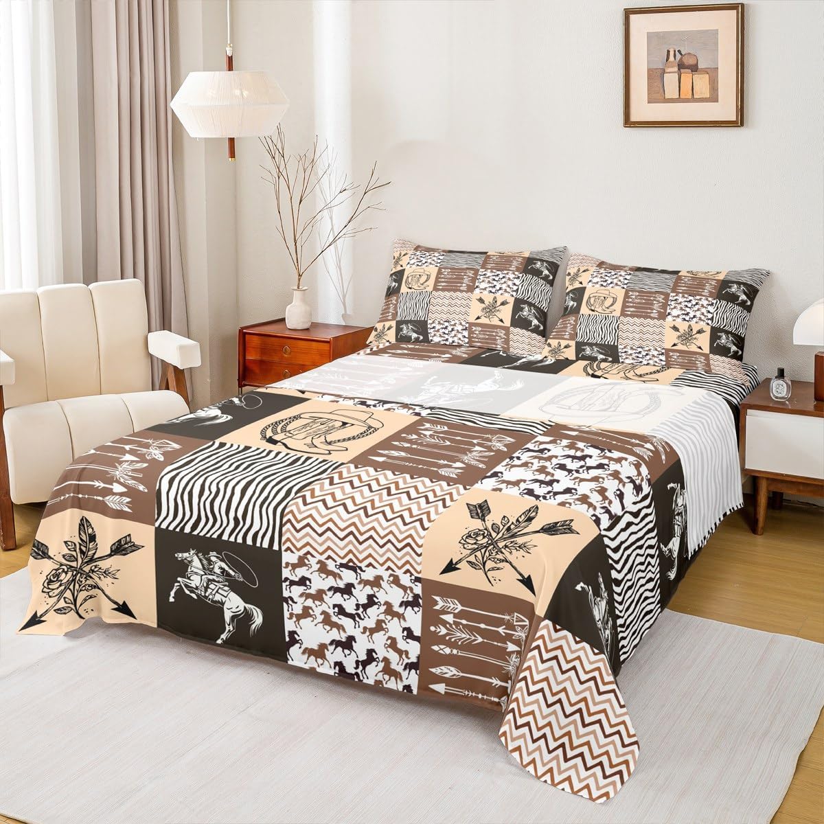 Western Cowboy Bed Sheet Queen Size,Boho Stripes Horse Arrow Print Top Flat Sheet Geometric Grid Patchwork Bedding Set for Kids Boys Girls Room Decor,Vintage Brown Rustic Fitted Sheet 4Pcs