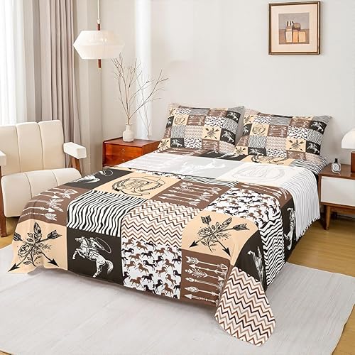 Juego de sábanas de vaquero occidental, tamaño individual, estampado de flechas de caballo y rayas bohemias, sábana encimera, cuadrícula geométrica,