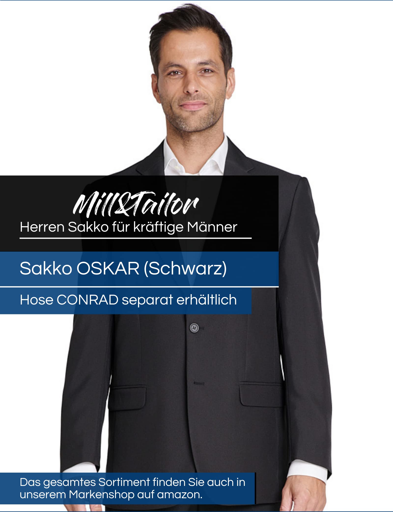 Mill&Tailor Herren Sakko Schwarz Oskar I Schickes Sakko für Männer I Baukasten System I Modern & Sportlich I Jackett für Hochzeit & Business I Herrensakko für kräftige Männer