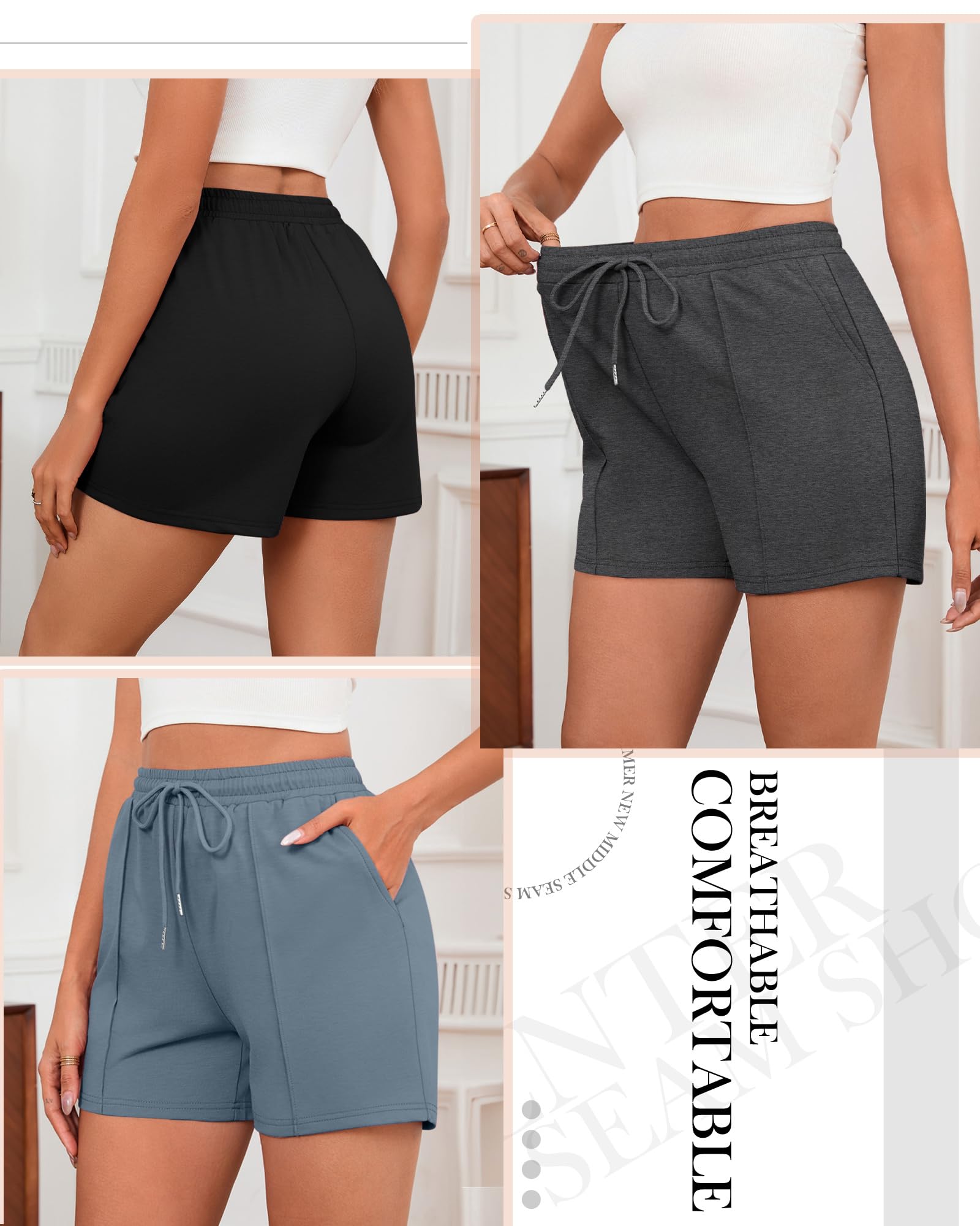 Neer Lot de 3 shorts de survêtement pour femme, short athlétique décontracté avec cordon de serrage, pantalon court d'été ample et uni avec poches