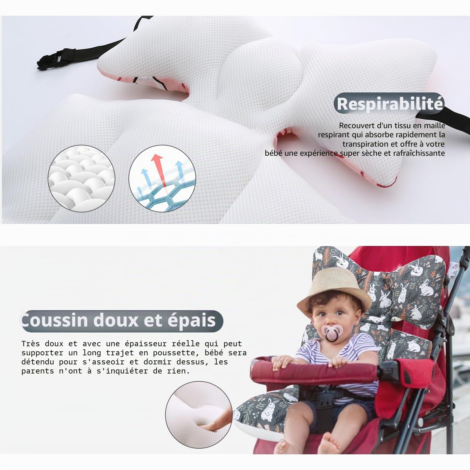 Coussin de Siège Réversible pour Poussette Matelas Universel Soutien Bébé Coussin Réducteur de Landau en Coton pour Enfant Fille Garçon (Lapin Gris)