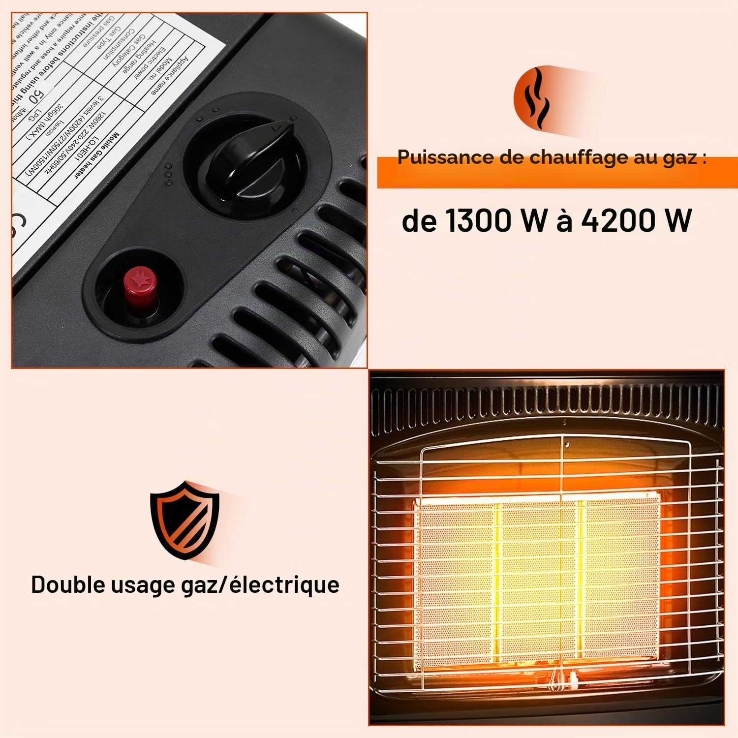 Chauffage au gaz 4200 W et chauffage électrique 1200 W - Chauffage au gaz infrarouge - Avec 3 dispositifs de protection - Bouteilles de gaz jusqu'à 15 kg - Avec régulateur de pression de gaz