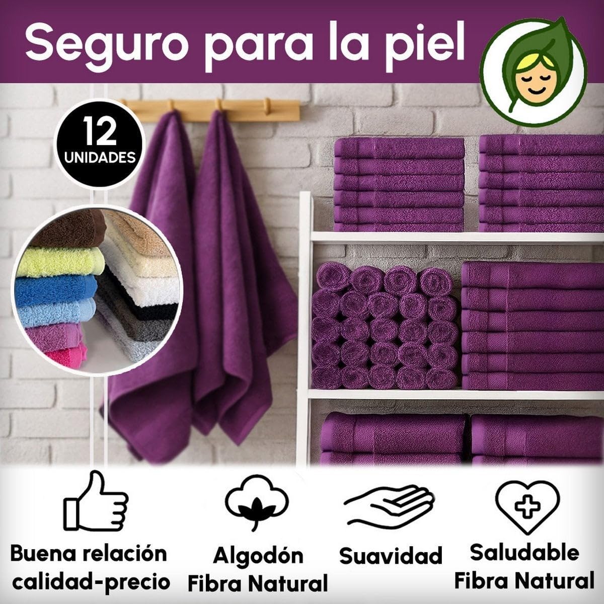 Juego de 12 Toallas de Mano Color Violeta 100% algodón Rizo 100x50 cm | Tejido suave de gran gramaje con alta absorción. Aptas para lavadora, de uso diario.