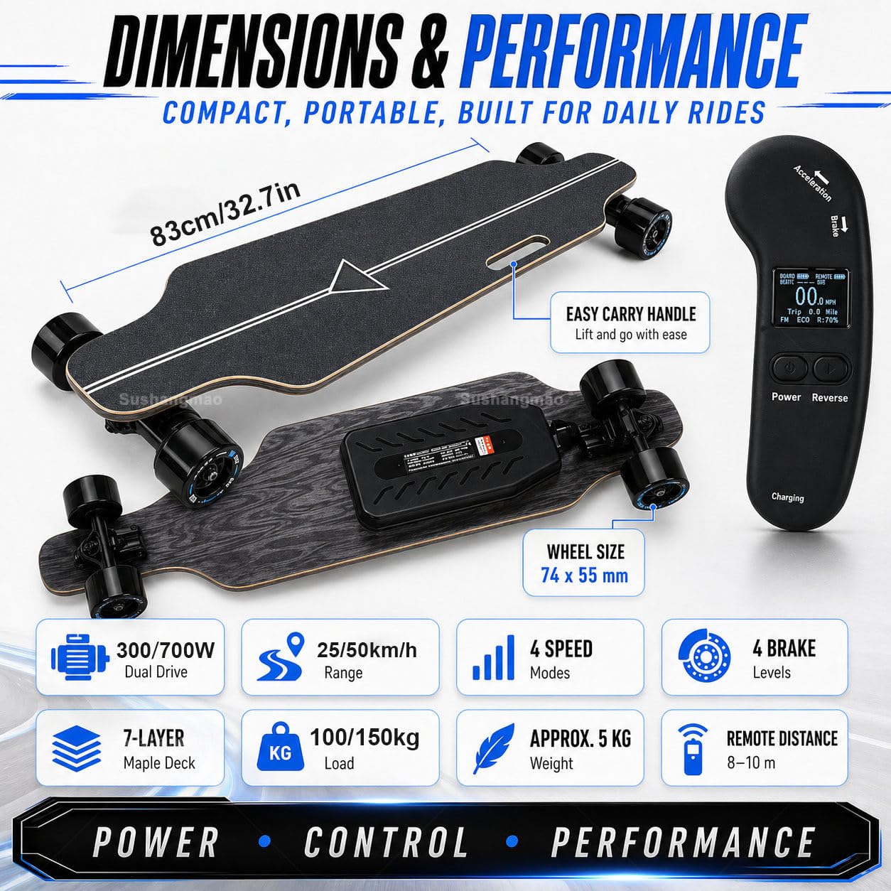 Skateboard Elettrico, Longboard Elettrico Con Telecomando Led Migliorato – Velocità Massima 25 O 50 Km/H, Controllo A 4 Velocità, Capacità 330 Lbs, Per Adulti E Adolescenti Single-Drive-15km