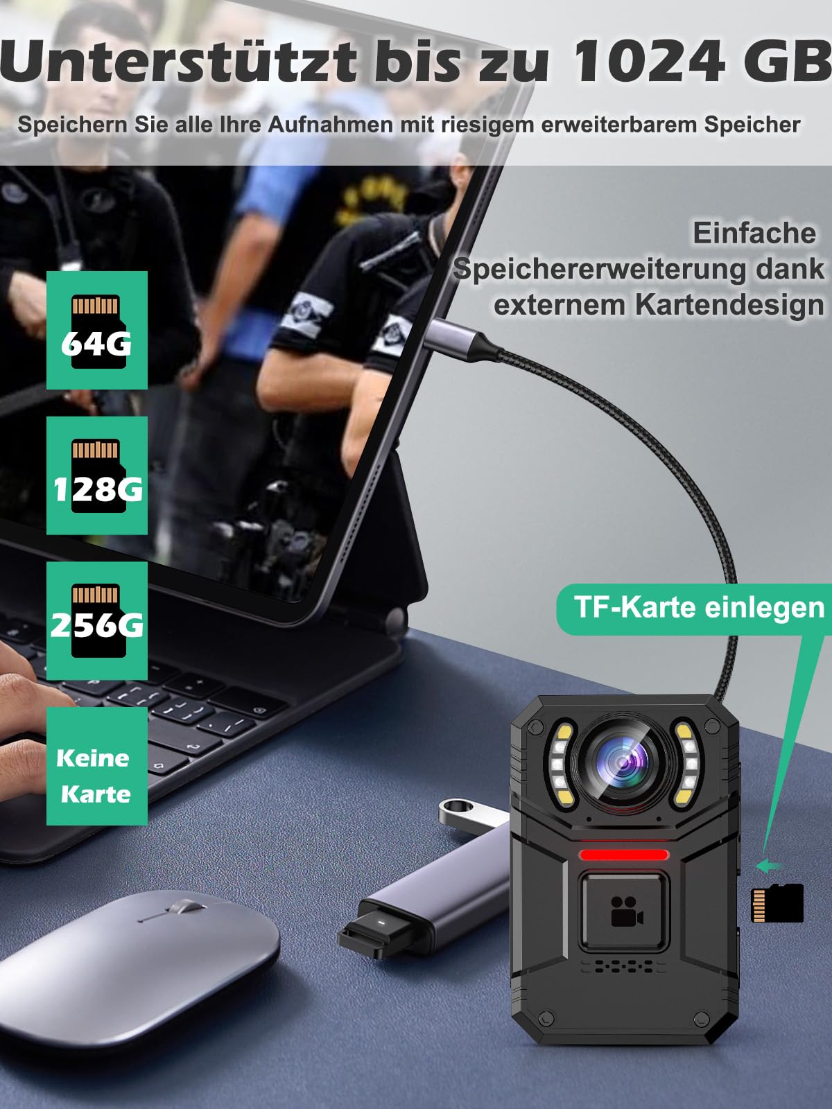 SPIKECAM Echte Body Cam 4K, Bodycam Körperkamera Mini 4K mit OTG, SOS-Alarm, Taschenlampe, Audio- und Videoaufnahme, Handy Body Camera für Polizei- und Sicherheitsdienste, 64GB