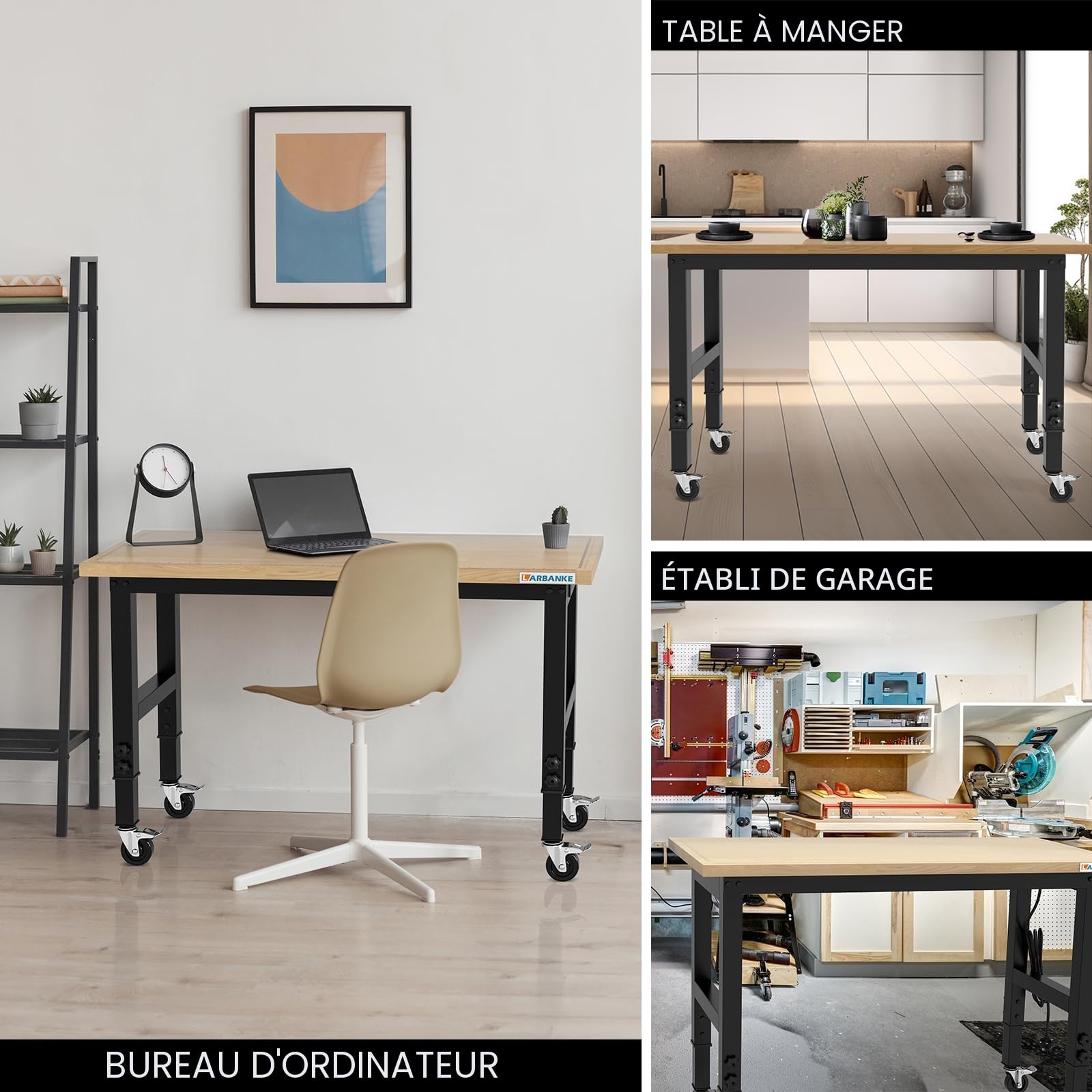 LARBANKE Établi de Garage 120cm,Établi en Bois de Caoutchouc Ajustable à 5 Hauteurs Différentes,Table de Travail en Bois Dur d'une Capacité de Plus de 900KG,avec Roues Freinées,pour Garage,Bureau