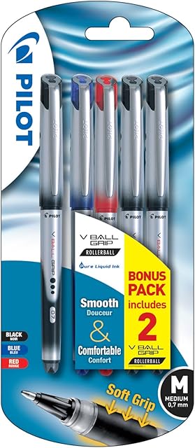 Pilot 0.7 mm Vball Grip Liquid Ink Rollerball Pen - Black/Red/Blue (Pack of 5)
