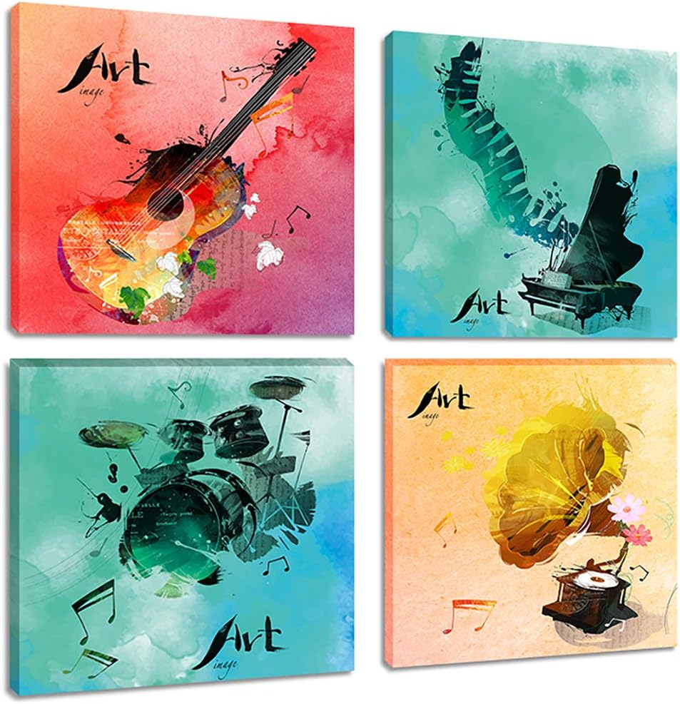 Colorful Music Canvas Wall Art Prints 4 Pieces Watercolor Beating Notes Painting Pictures for Bedroom Living Room Decor, Framed 12x12 Inches