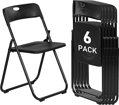 Paquete de 6 sillas plegables de plástico negro, asientos comerciales apilables portátiles para interiores y exteriores con marco de acero para el