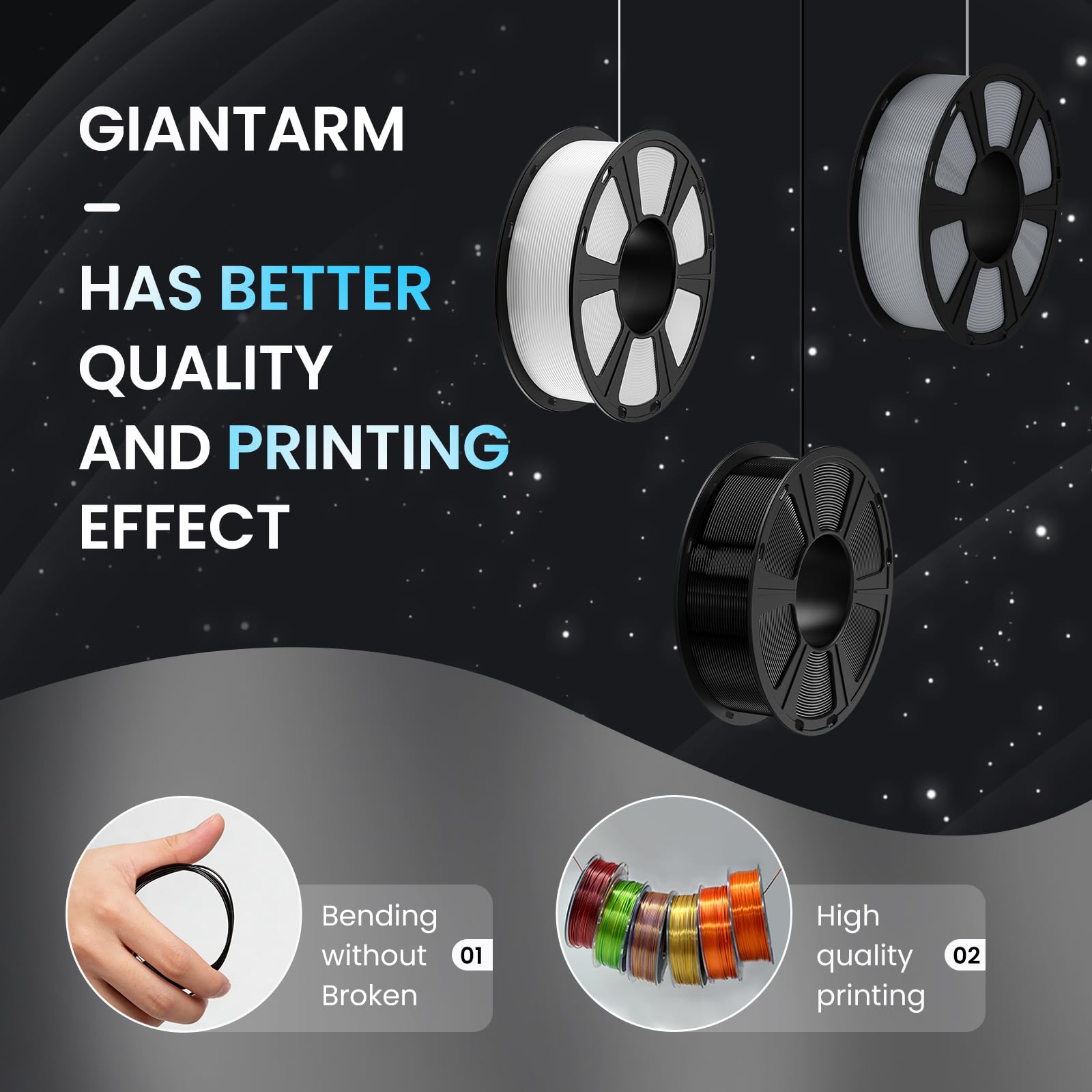 GIANTARM Filamento PETG da 1,75 mm, per stampante 3D, filamento PETG da 2 kg, precisione dimensionale +/-0,03 mm, nero