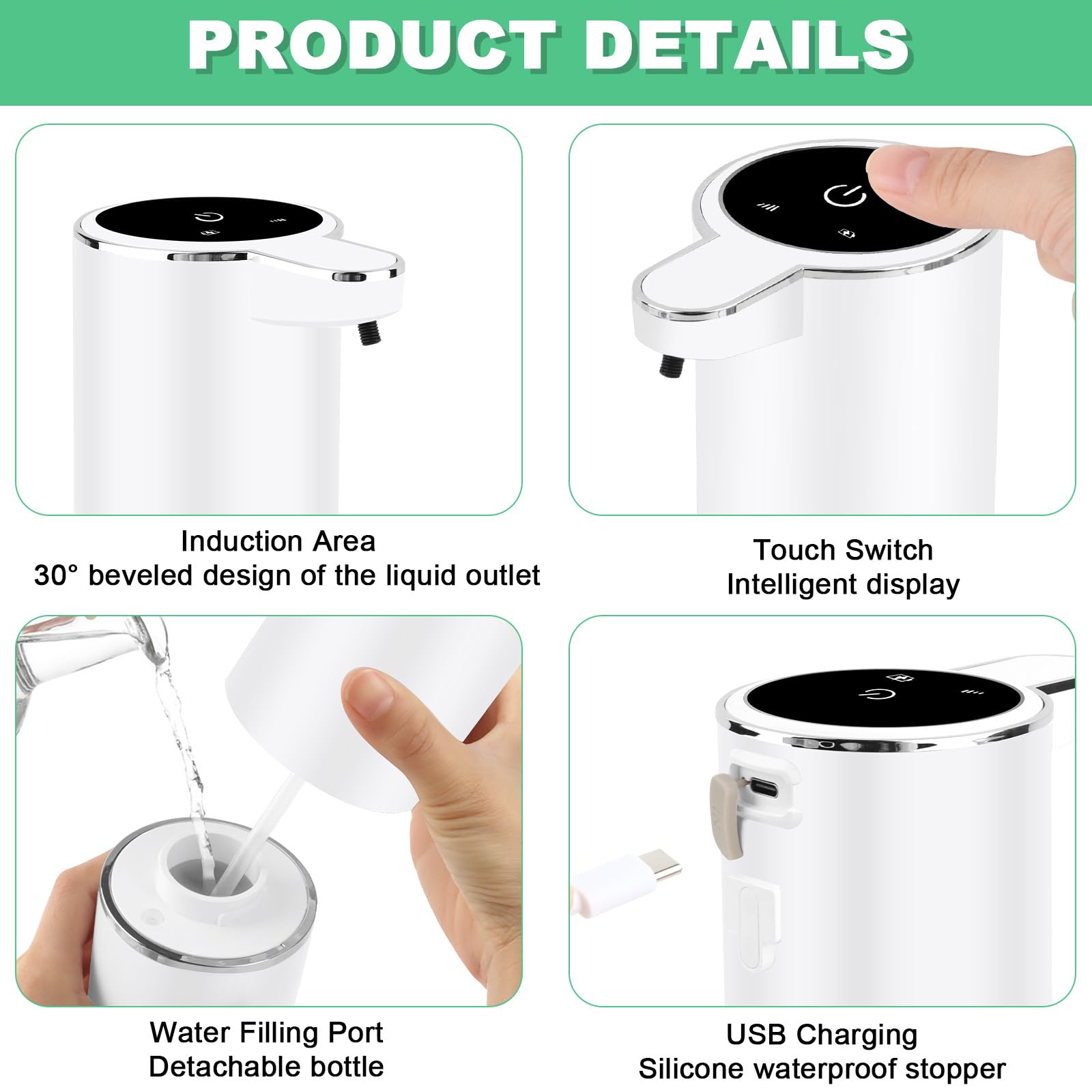 Dispensatore Sapone Automatico Senza Contatto - Ricarica USB, Impermeabile IPX5, 380ml Per Bagno E Cucina