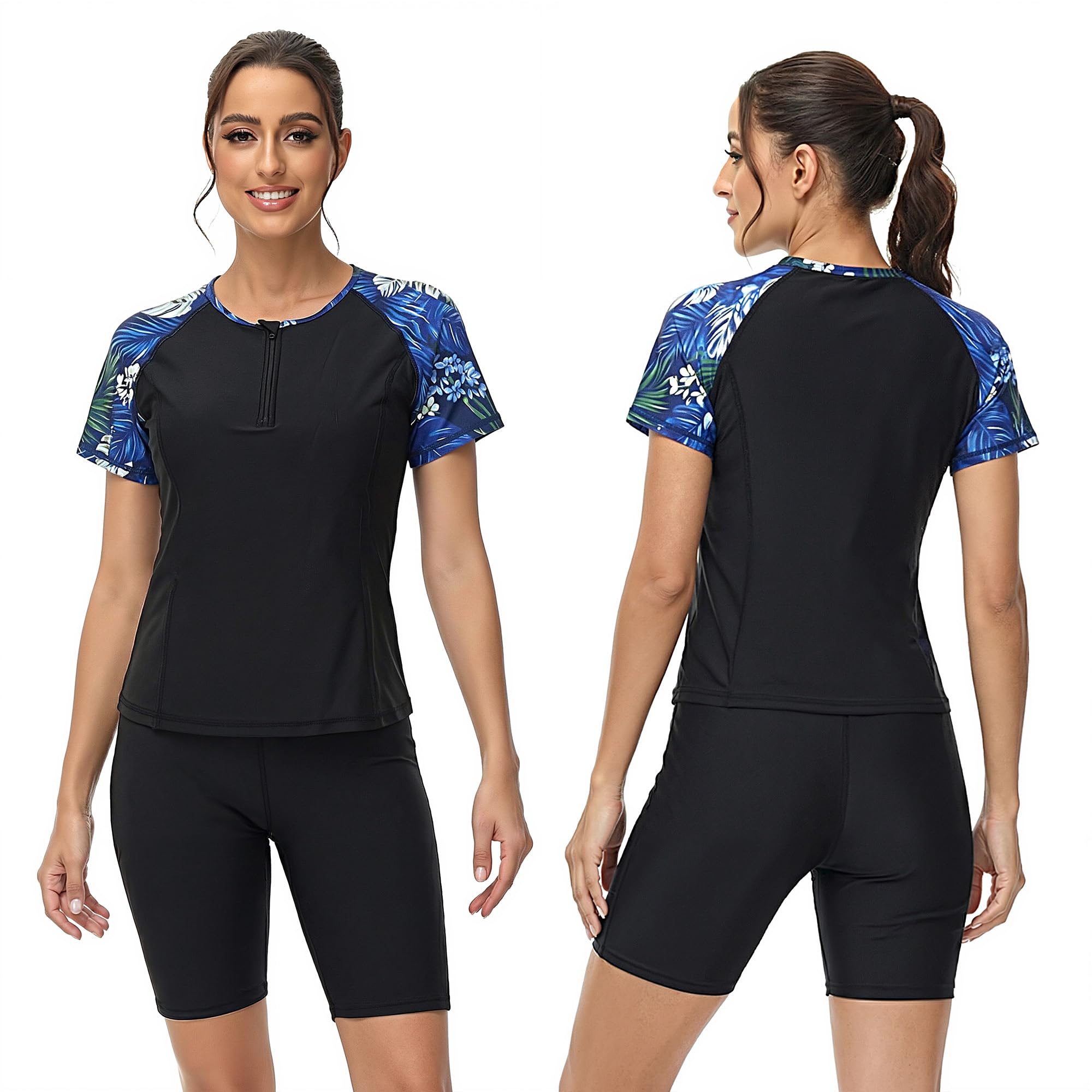 Owntop Rashguard Set da donna 3 pezzi – Maglietta a maniche corte con canotta e costume da bagno, asciugatura rapida, con protezione UV per spiaggia, nuoto, sport acquatici