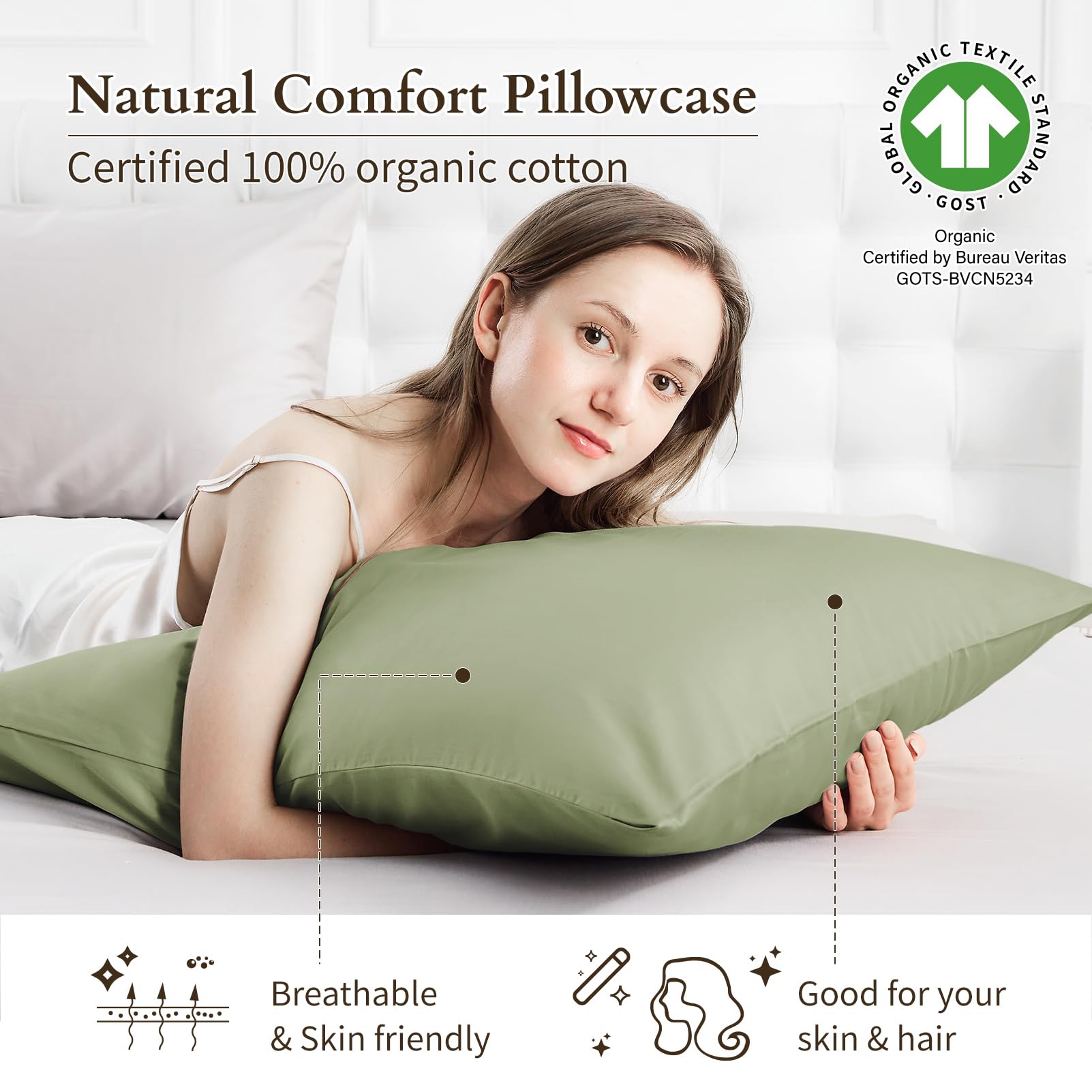 Set Of 2 Organic Cotton King Pillowcases - 20x36 Inch Satin Weave, Hypoallergenic & GOTS Certified