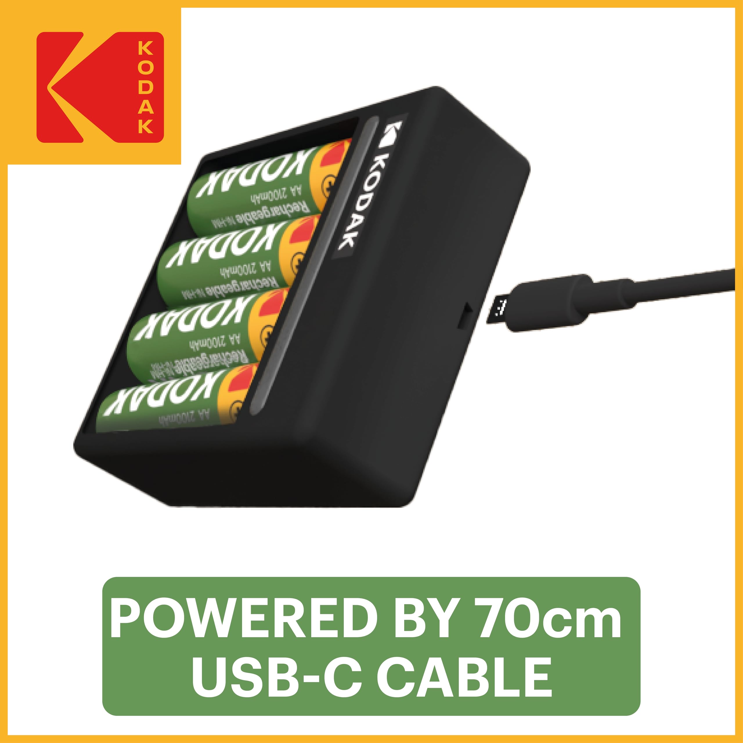 Kodak Lot de 4 piles AA rechargeables avec chargeur de batterie USB-C à 4 emplacements (sans adaptateur inclus), compatibles avec piles AA et AAA (NiMH), charge double A ou triple A, 1000 cycles de