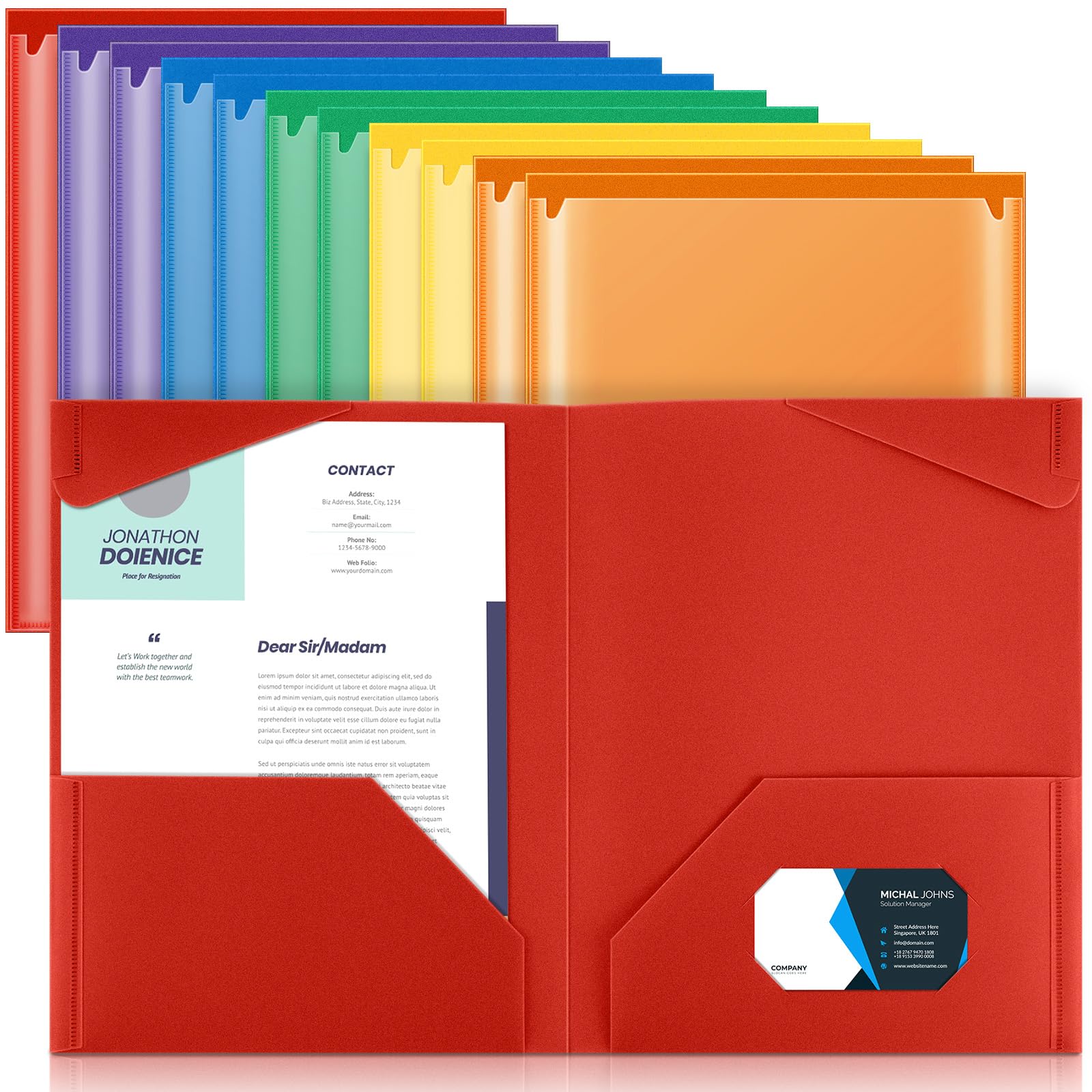 Henoyso 12 Pcs Plastic Folders with Clear Front Pockets Heavy Duty File Folders with 2 Pockets and Card Slot for Student Communication School Office