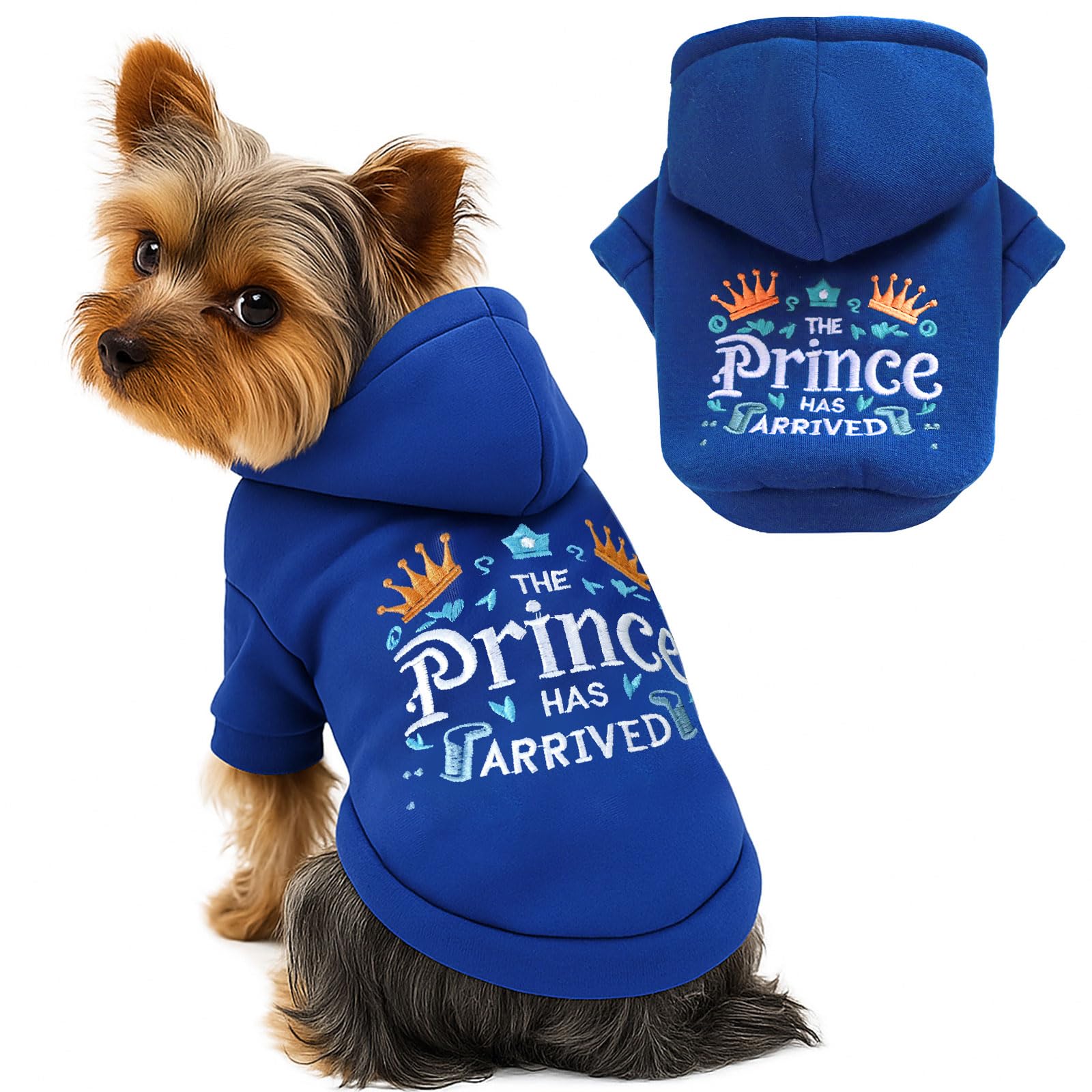 ABRRLO Small Dog Hoodie Clothes Cute Blue Prince Fleece Dog Sweater for Small Dogs Cats Boy Warm Puppy Sweatshirt with Leash D Ring Fall Winter XSL