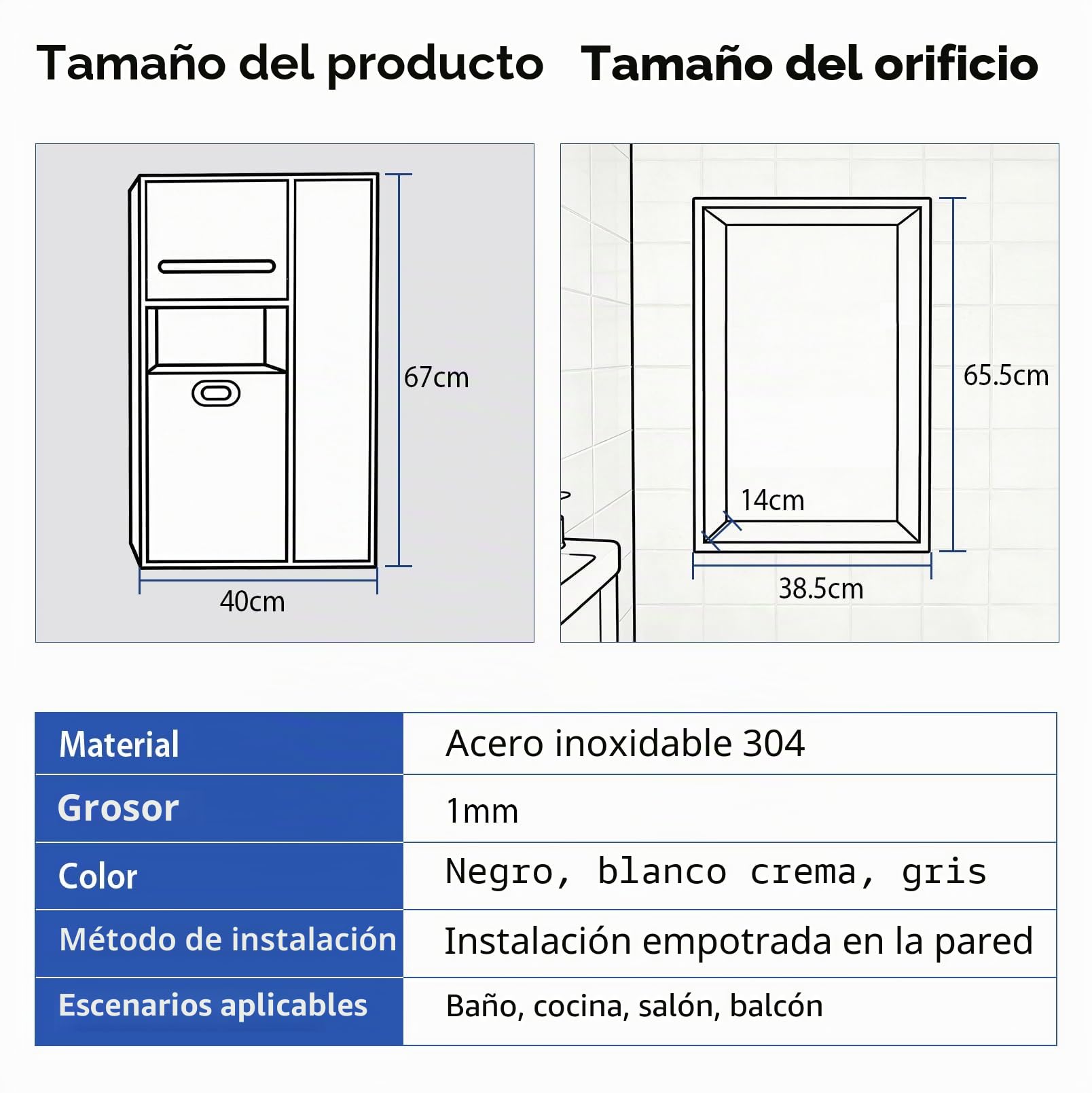 Portarrollos de Papel Higiénico Empotrado 3 en 1 | Nicho de Acero Inoxidable con Porta Pañuelos, Papelera y Armario para Escobillas de Baño para Baños y Aseos