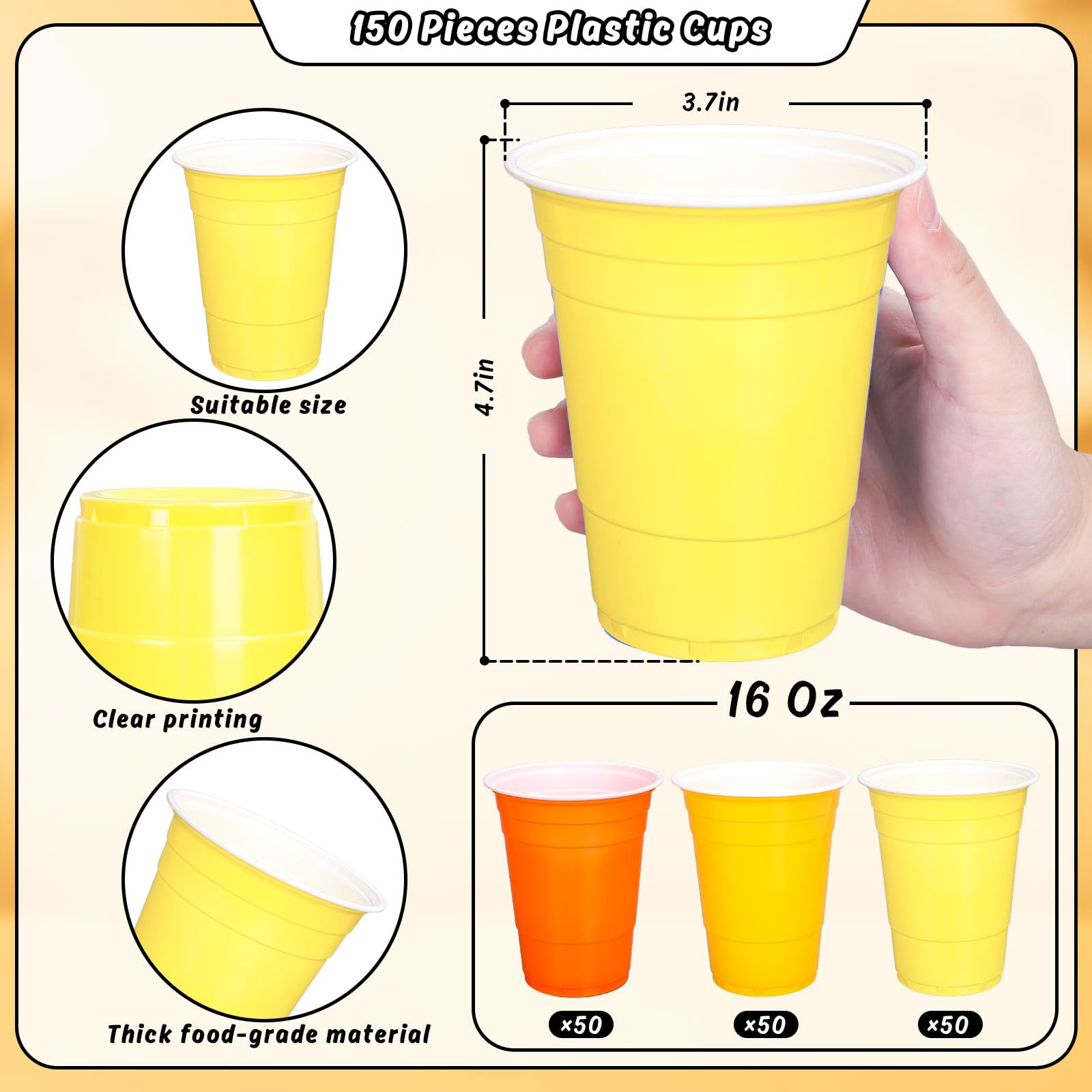 FYSUIMU Einweg-Trinkbecher aus Kunststoff, 473 ml, 3 Herbstfarben, stapelbar, Partybecher für Herbst, Erntedankfest, Partyzubehör, 150 Stück, Orange / Gelb