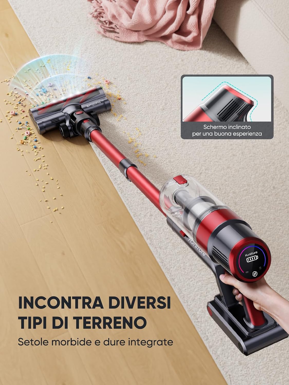 HONITURE S13 Pro vacuum cleaner head transitioning from hard floor to carpet, showing its versatility and inclined screen.