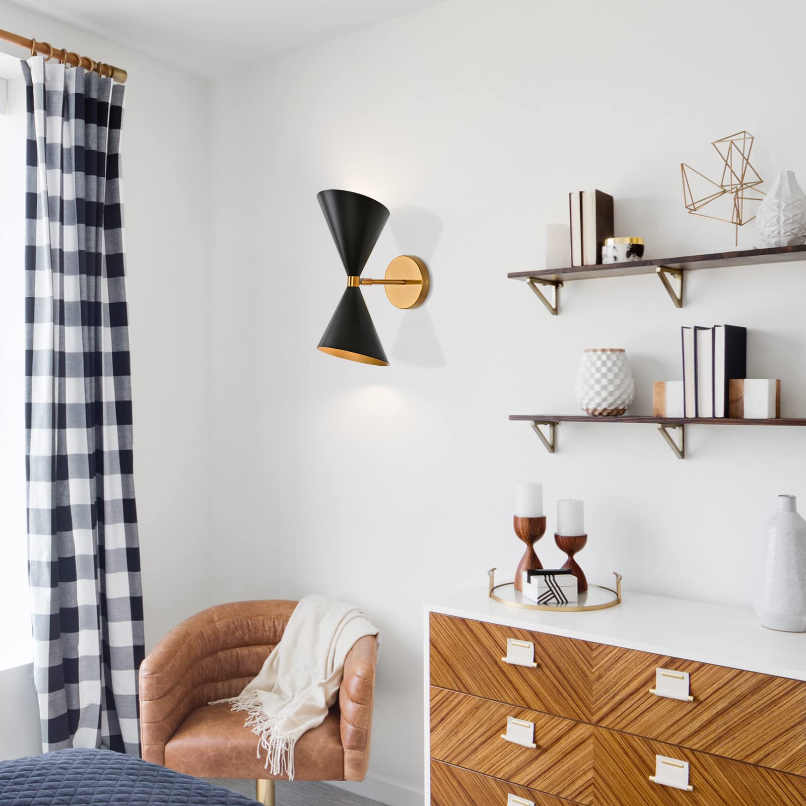 Pomitos Black and Brass Wall Sconce, 1 Set with 2 Light Mid Century Modern Wall Sconce Matte Black Vanity Light,Wall Light Indoor for Bedroom, Living Room, Hallway