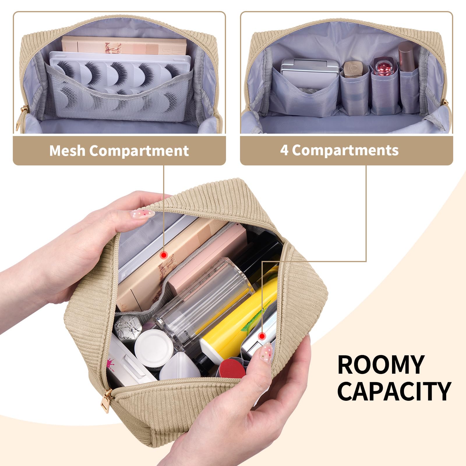 MAGEFY Corduroy Makeup Bag Small Makeup Bag for Purse with Compartments Cute Makeup Pouch Cosmetic Bag for Women Friends Preppy Gifts (Beige, STUFF)