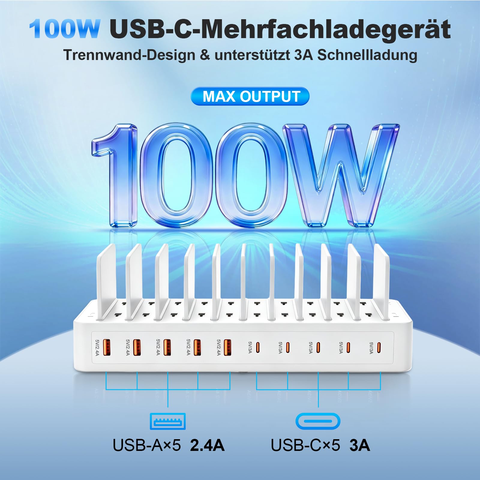 100W USB Ladestation Mehrfach, 10-Port USB C Ladegerät Mehrere Geräte mit verstellbaren Trennwänden Schnellladestation für iPhone, iPads, Tablets und andere Geräte (mit 10 Ladekabeln) Weiß