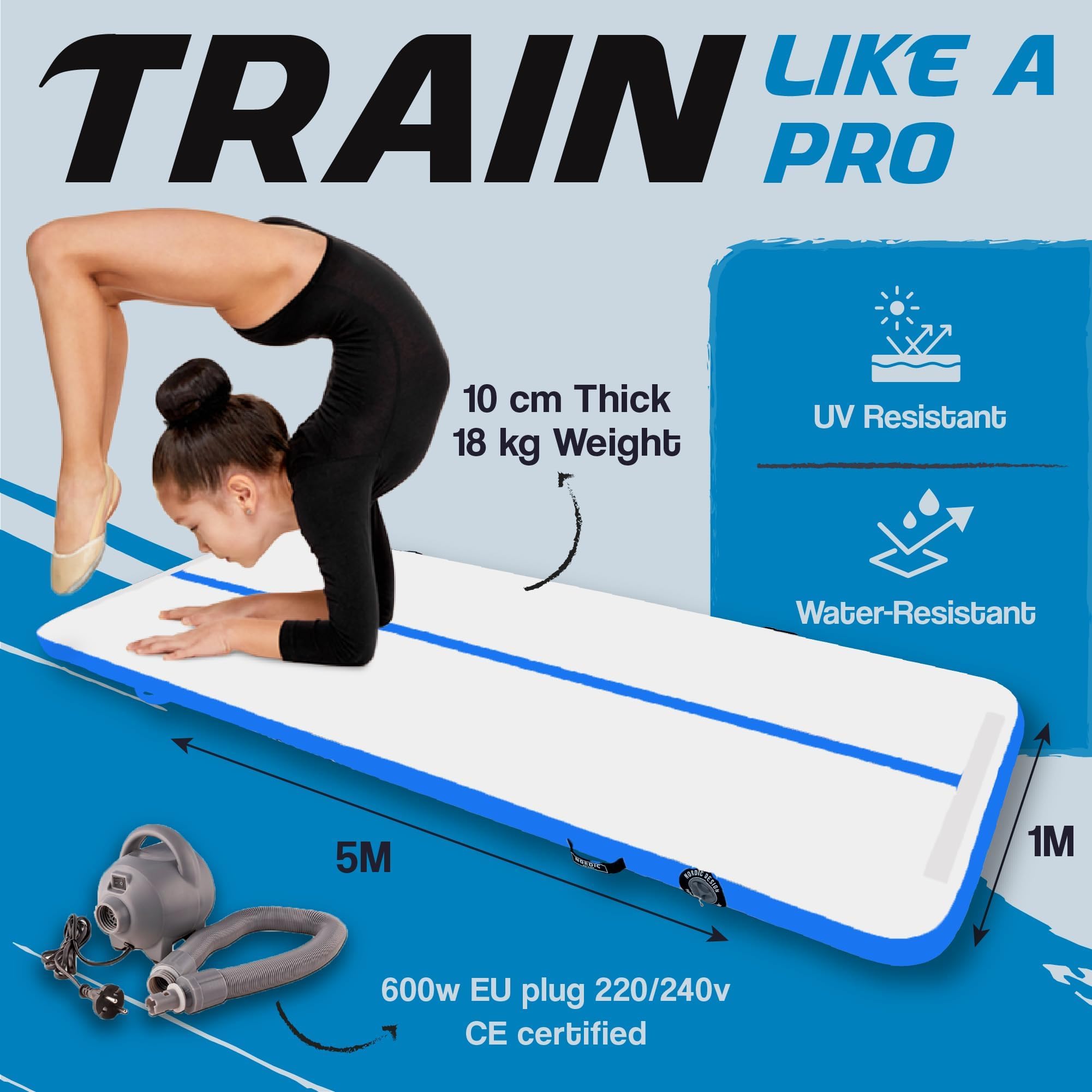 AirTrack Nordic Standard Air Track Matte 3m/4m/5m/6m/7m/8m mit Luftpumpe, Turnmatte Aufblasbar für Gymnastik, Yoga - Langlebig & Einfach zu Transportieren, Air Tracking Gymnastikmatte fur Zuhause