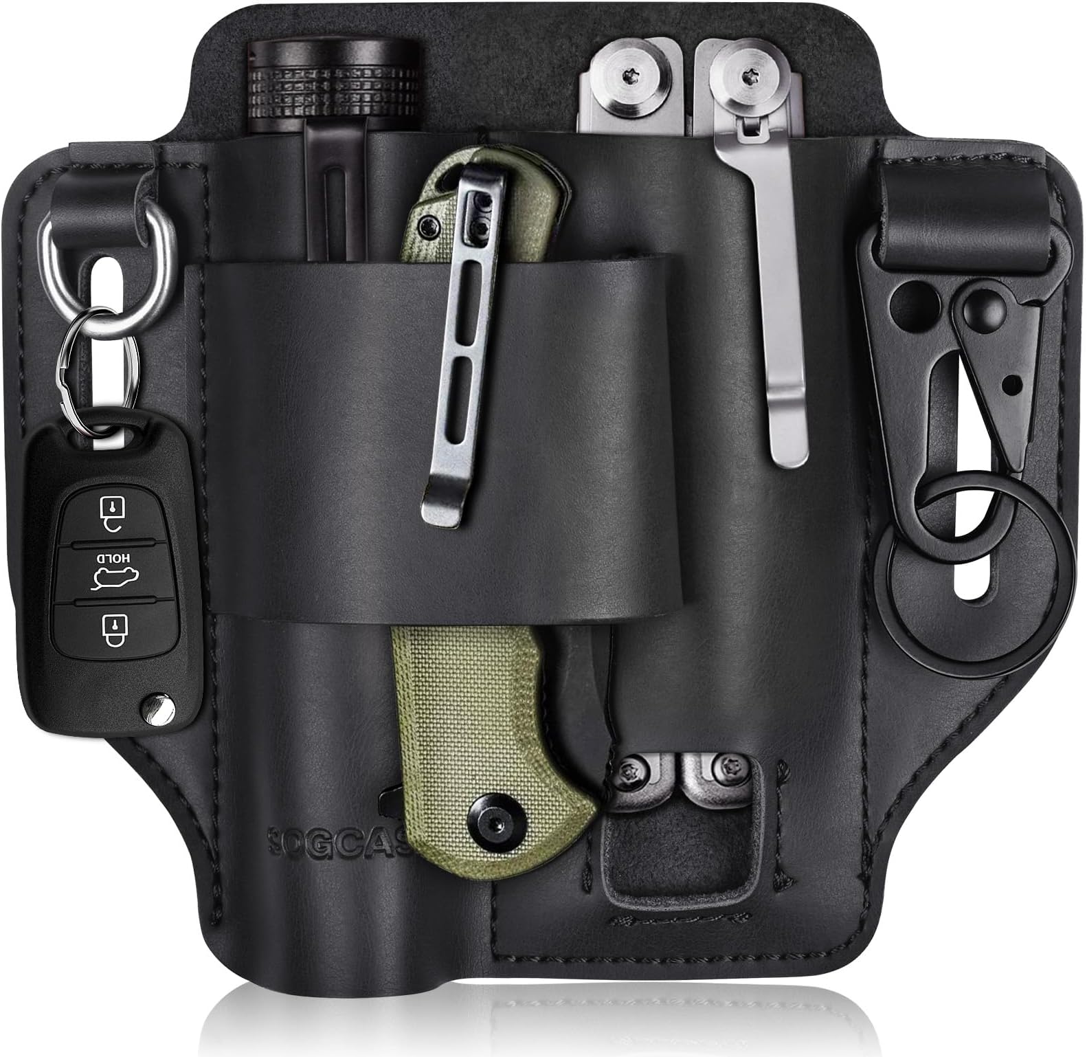 Leather EDC Belt Organizer, SOGCASE Multitool Sheath for Folded Knife, Flashlight, Pen, Keys (Black) Medium