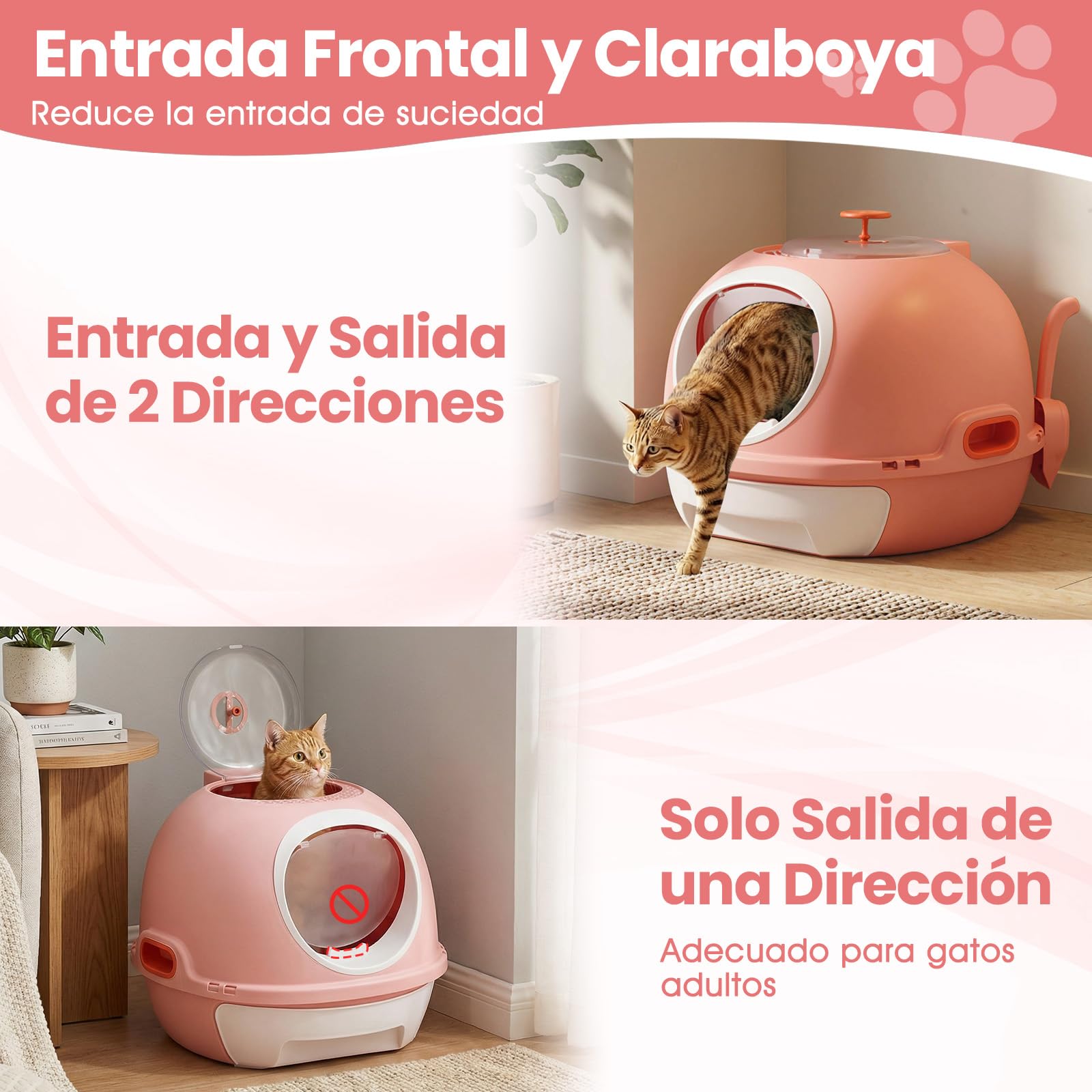 COSTWAY Arenero para Gatos Cubierto, Estilo Helicóptero, Caja de Arena Plegable para Gato con Entrada Frontal y Salida Superior, Pala, Bandeja Portátil para Gatos Grandes, 54 x 46 x 39 cm (Rosa)