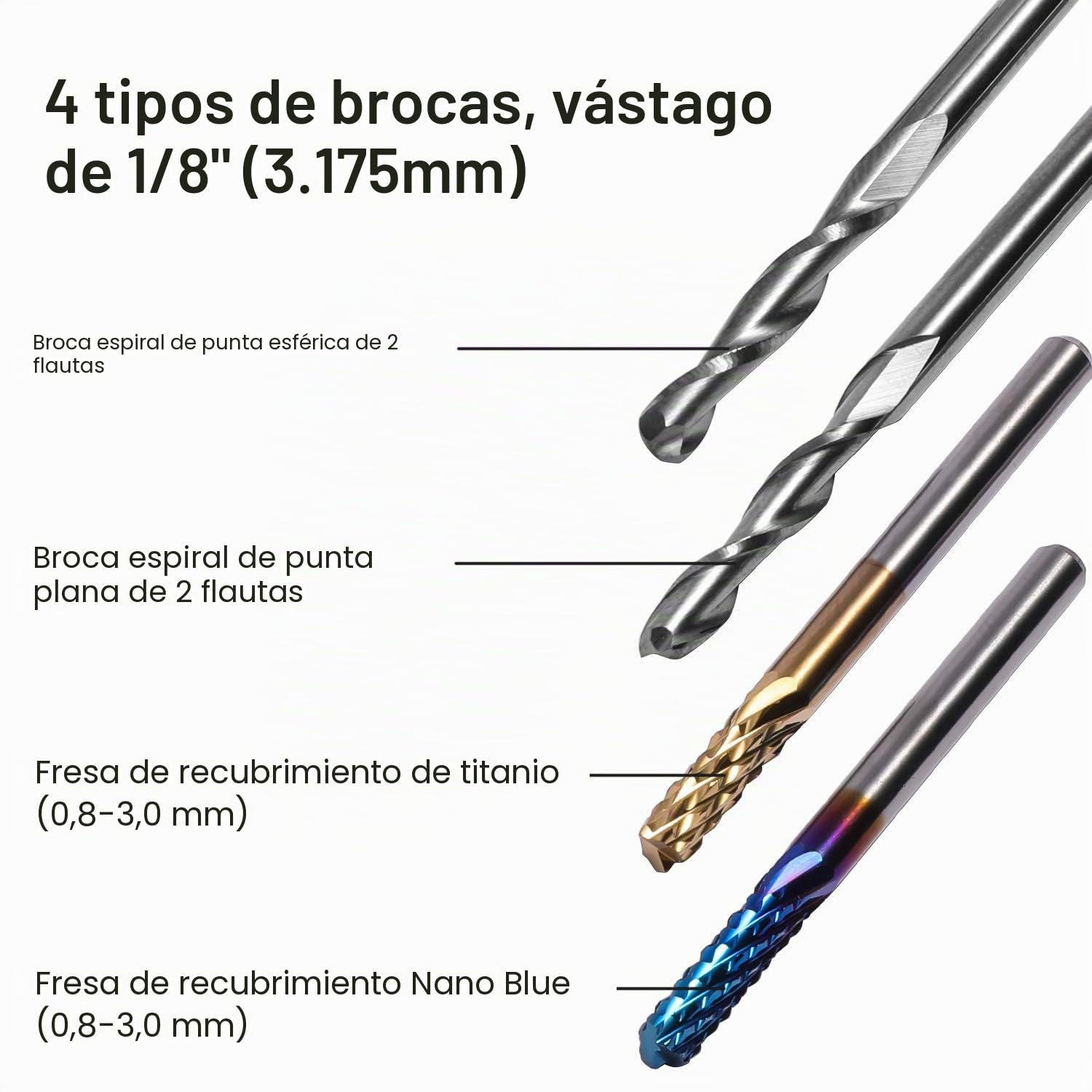Genmitsu Juego de 40 brocas de fresado CNC para fresas de fresado CNC de vástago de 1/8 pulgadas, incluye 2 flutos planos de nariz y nariz de bola, nano azul y capa de titanio, MC40A