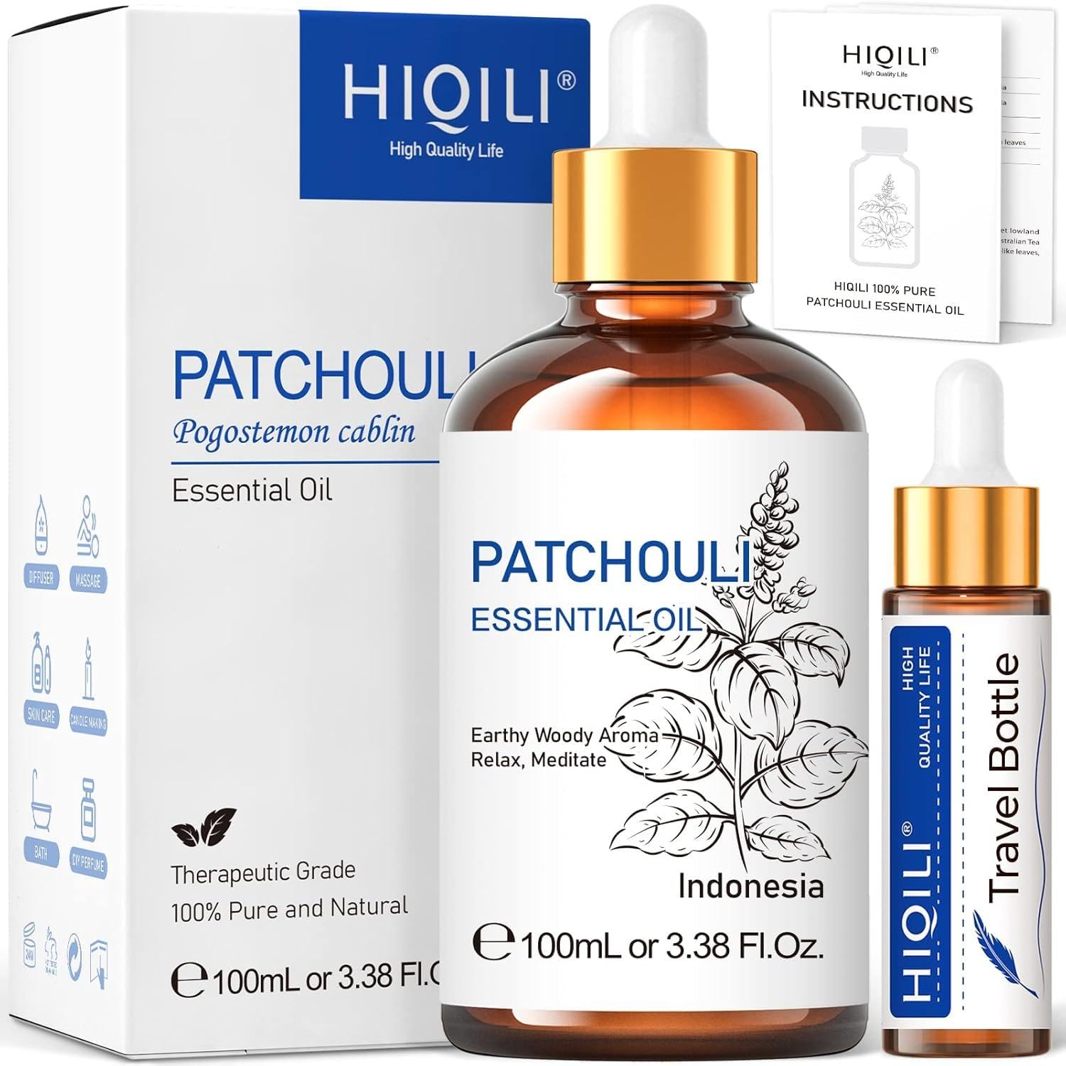 HIQILI Patchouli Essential Oil 100ml, Natural Pure for Aromatherapy Diffuser, Skin, Candle Soap Making, Perfume DIY