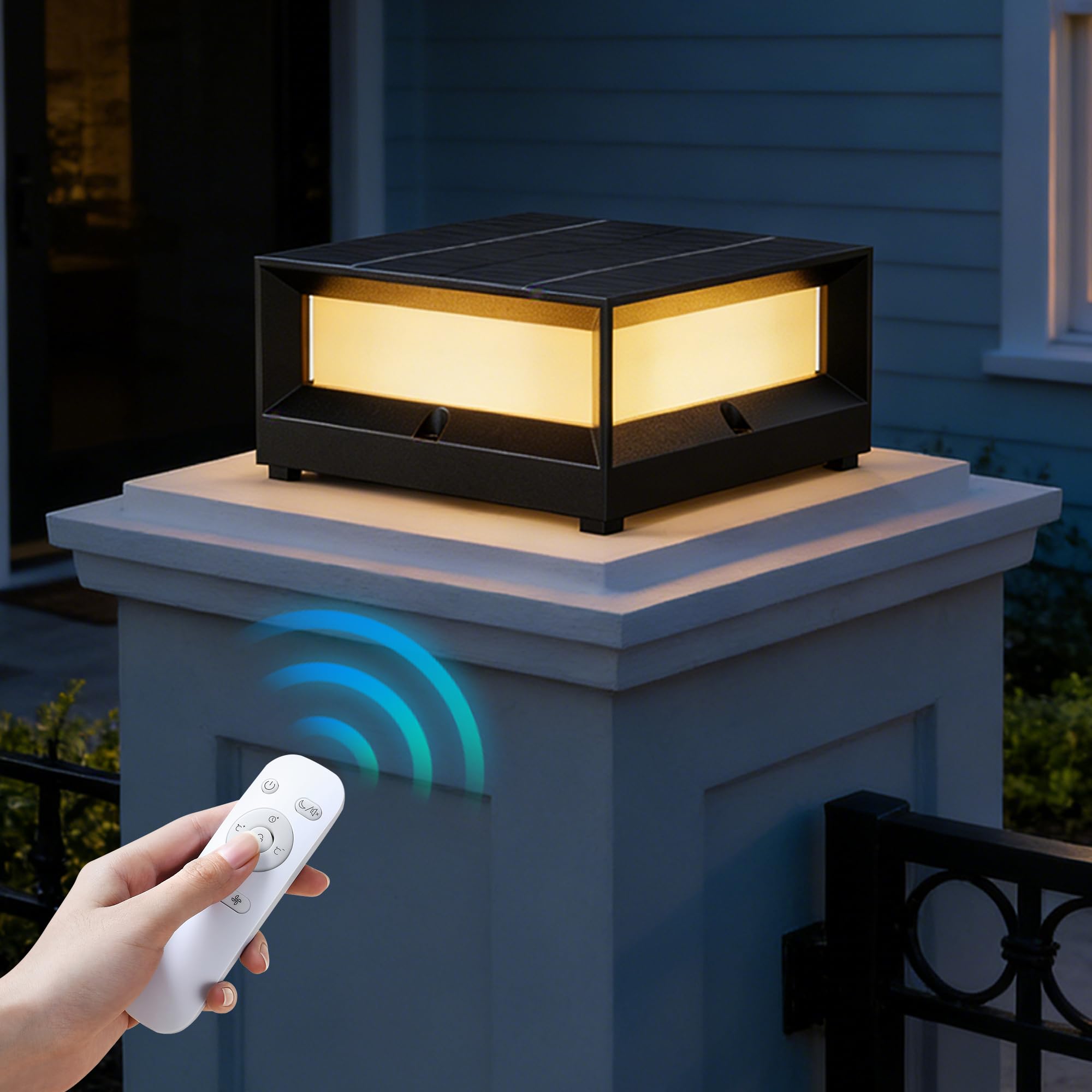 Lampada Solare da Esterno per Pilastro, Lampioni da Giardino Esterno Solari con Telecomando, 5400mAh & 3 Colore, IP65 Impermeabile Lampione da Giardino in Alluminio, Nero