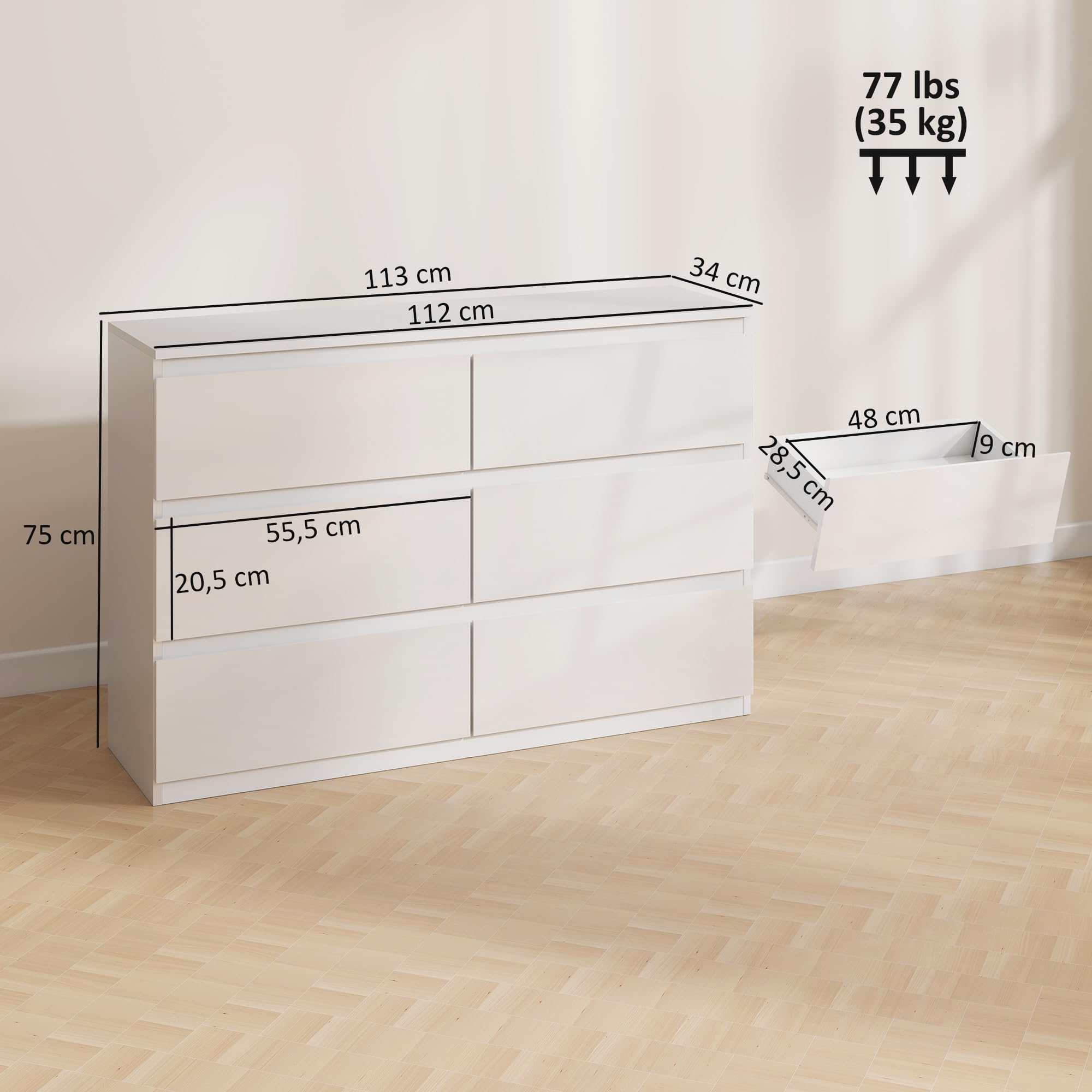 HOMCOM Cómoda con 6 Cajones Cómoda de Dormitorio Moderno con Diseño Anti-vuelco Cajonera para Salón Pasillo 112x34x75 cm Blanco Brillo