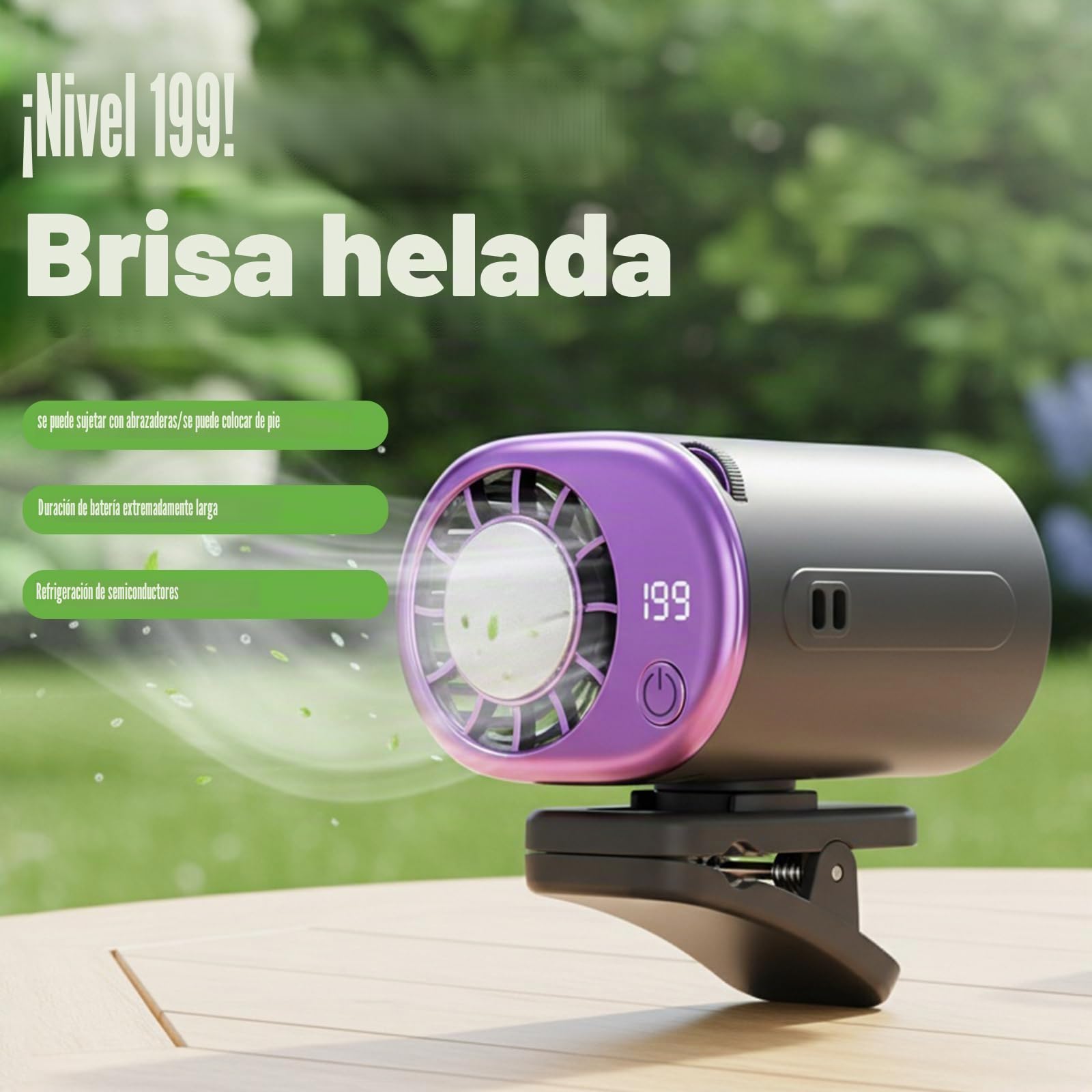 Ventilador de Aire Acondicionado en Clip para Coche 2026 con Pantalla LED, Rotación de 360°, Recargable por USB, 199 Niveles de Velocidad, Semi-Enfriamiento a 16°C, Abrazadera Ancha