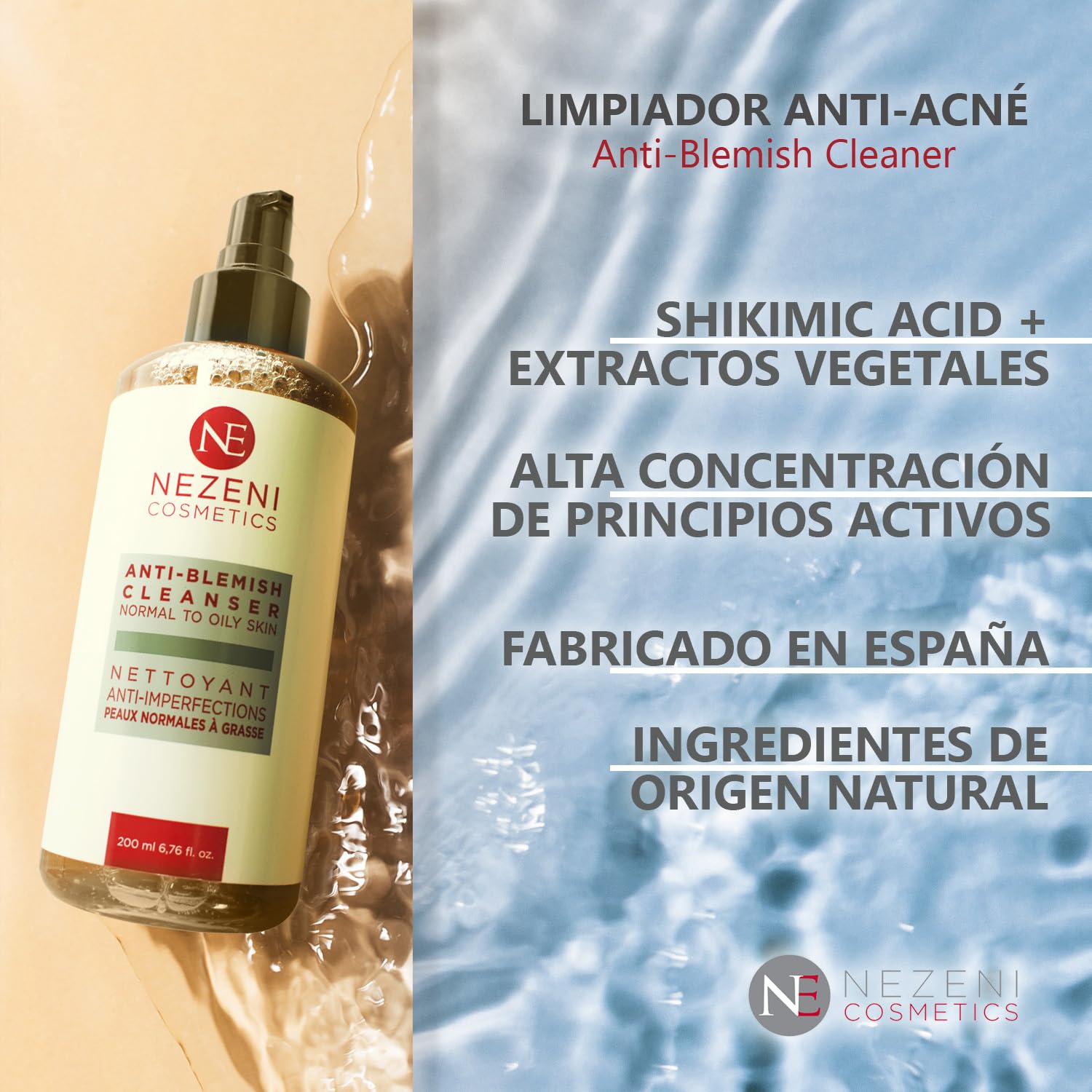Nezeni Limpiador Facial Acné con Ac. Shikimic – 200 ml - BAJO CONSERVANTES 2 años caducidad cerrado