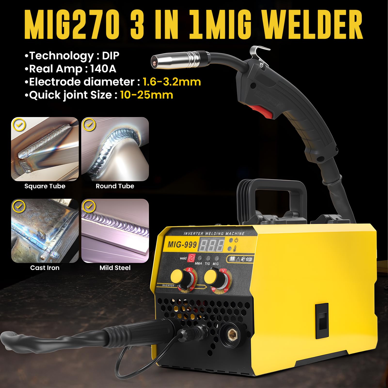Poste à Souder 3 en 1 MIG 250A 220V Inverter, Machine de Soudage Portable MIG ARC TIG à Fil Fourré, Écran Digital LED, Poste à Souder Multi Procédé pour Métal Atelier DIY et Garage
