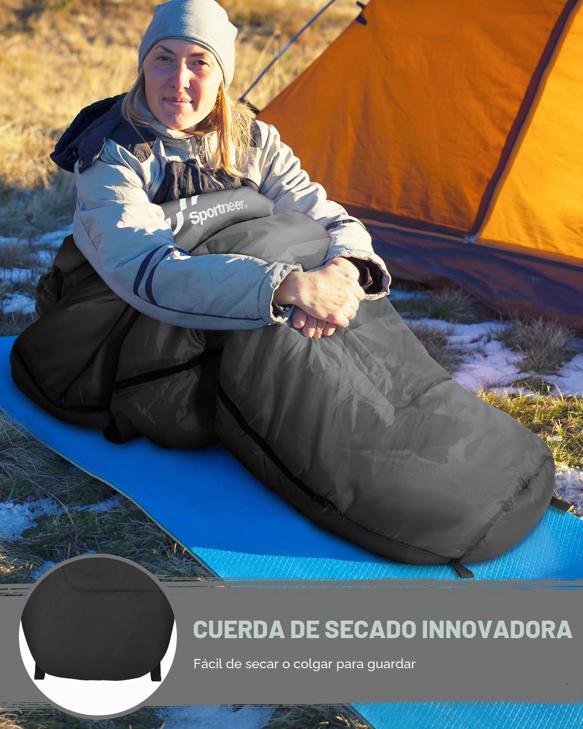 Sportneer Saco de Dormir Momia 3 Estaciones, Ligero y Cálido con Capucha y Cordón, Relleno Aislante