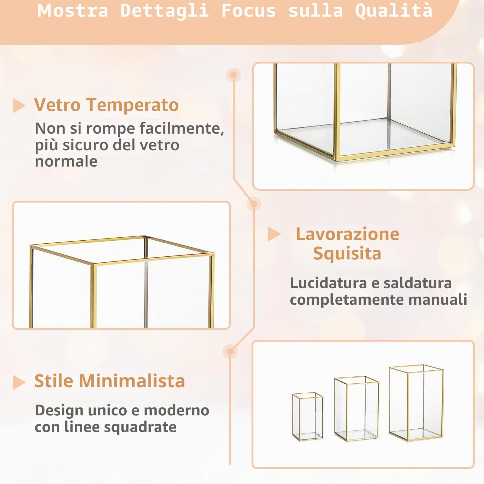 NUPTIO Uragano Portacandele in Vetro - 6 Pezzi Lanterna Oro Vetro Temperato Camino per Candele Set Esterno Quadrato Decorativo Matrimonio Natale Halloween Ornamenti Soggiorno Camino Tavolo