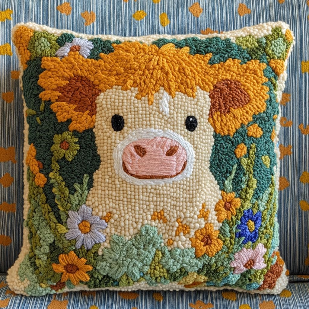 DIY Punch Needle Pillow Kit Cute Highland Cow and Wild Flowers with Pattern and Hoop Handmade Embroidery Punch Needle Starter Pillowcase Set for Home Sofa Decor 43x43cm-1-9