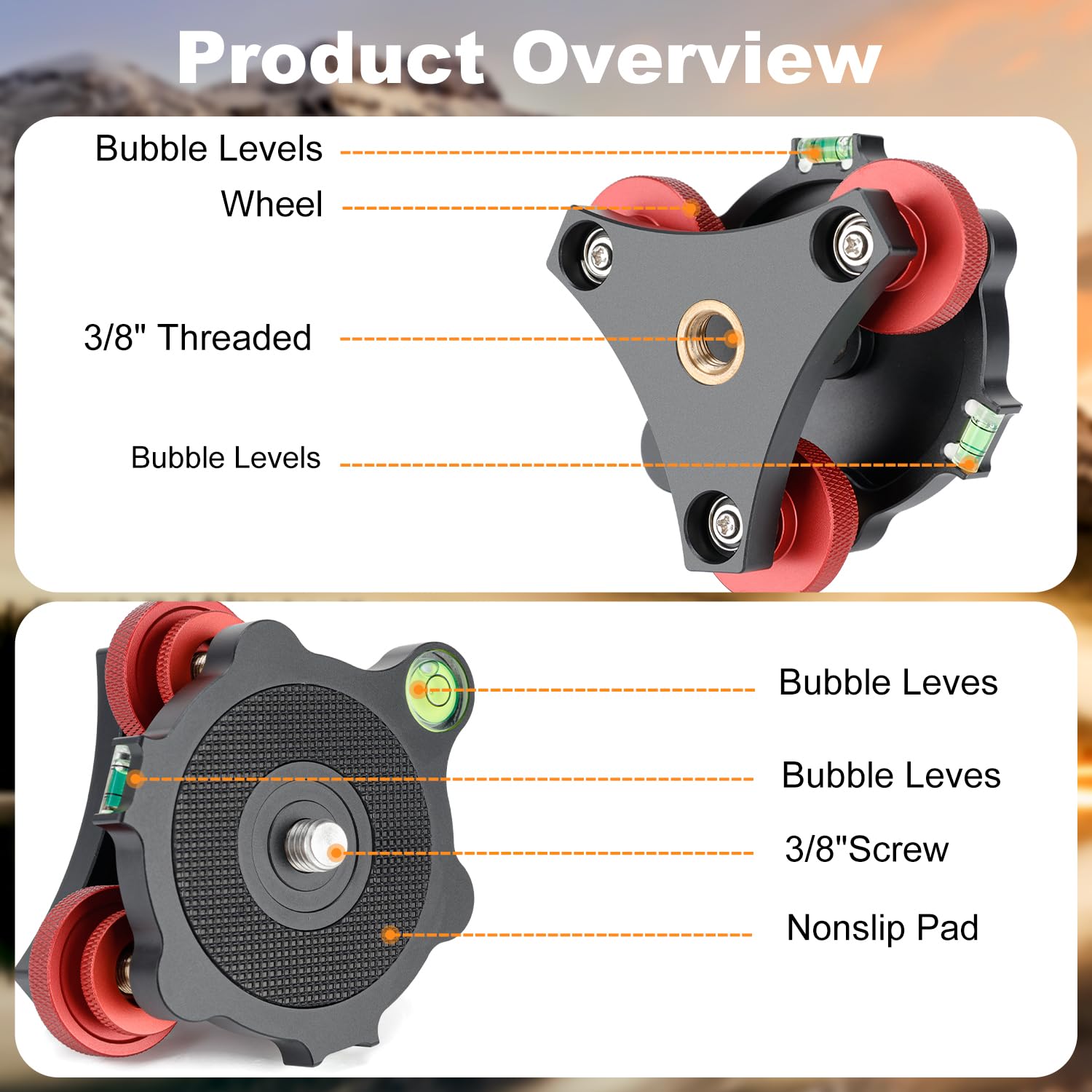 Koolehaoda Base di livellamento con livella a bolla e vite da 3/8", 3 quadranti con regolazione di precisione di +/-5 gradi, costruzione in lega di alluminio per treppiede per fotocamera