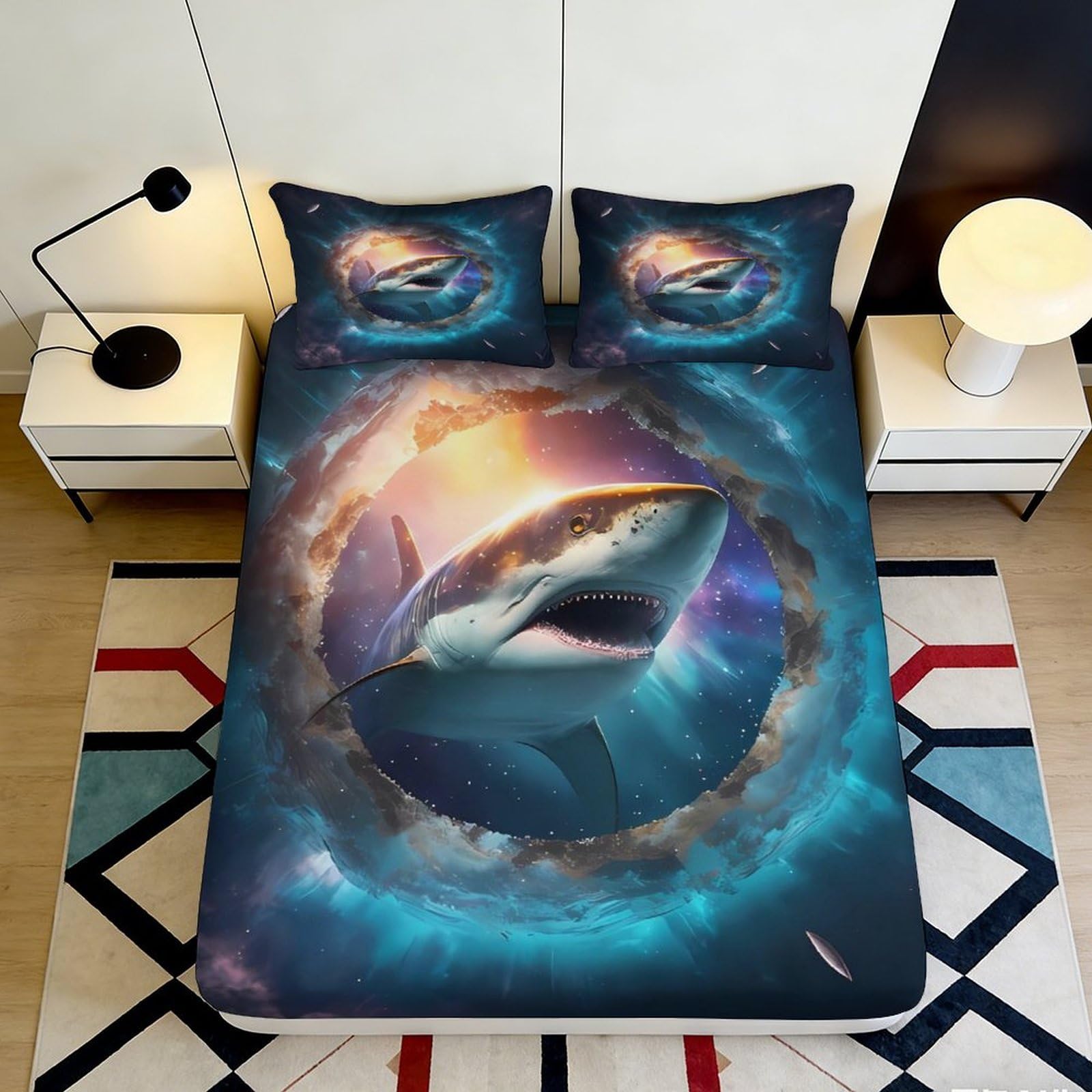 Zfldkwgb Style-4 3D Printed Shark Galaxy Fitted Sheet Microfiber Soft Breathable Nebula Mattress Cover For Bedroom Guestroom 90X200x25cm