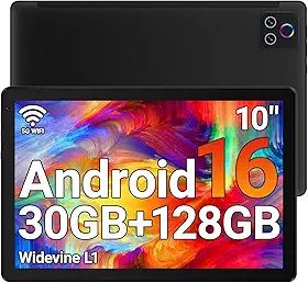 URAO Tablet, tablet Android de 10,1 polegadas com processador Octa-core 30 GB RAM 128 GB ROM HD IPS ecrã tátil 8H bateria, Wi-Fi 6, BT 5.4, câmara dupla, Android 16 Tablets 2026