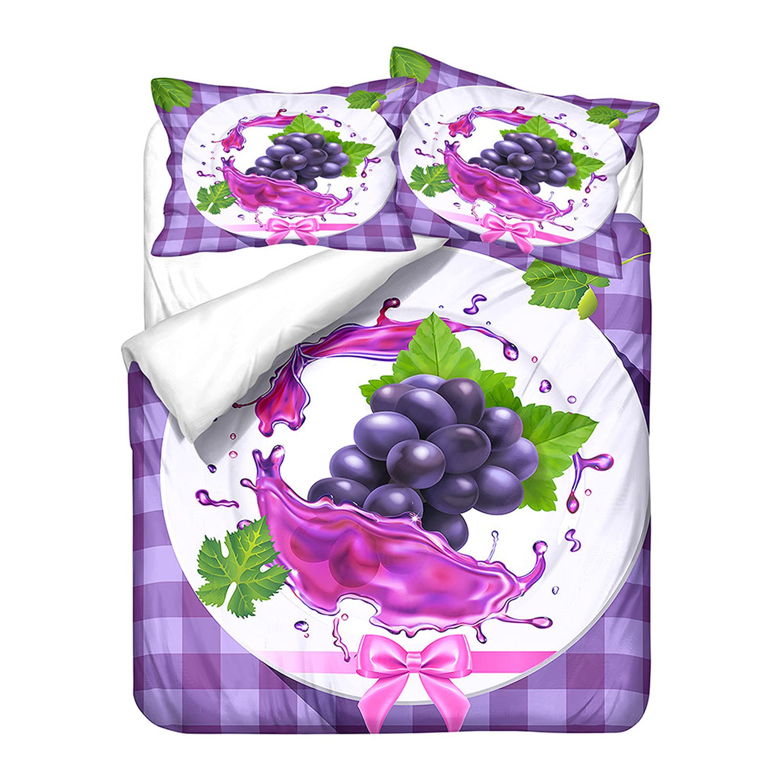 Housse de couette et taies d'oreiller 220x260cm lavables en machine motif raisin plaid violet 3D