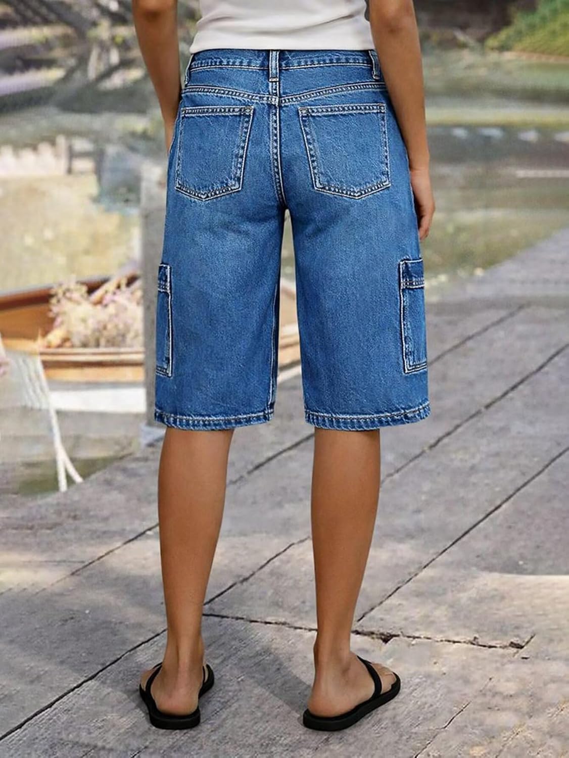 Flamingals Mid Waist Denim Bermuda Shorts for Women Wash Pocket Side Knee Length Cargo Summer Trendy Jean Shorts