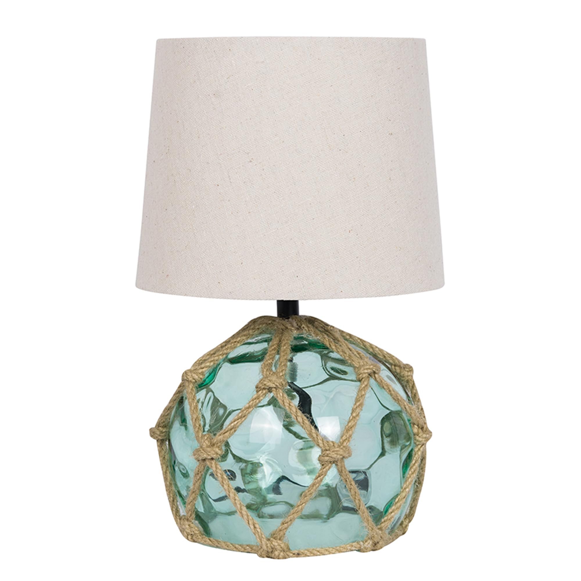 Lámpara marinera de mesa de noche con forma de boya náutica con malla en cabo de cáñamo,Ø15cm X 30cm, con pantalla cilíndrica en color crudo E27, color verde