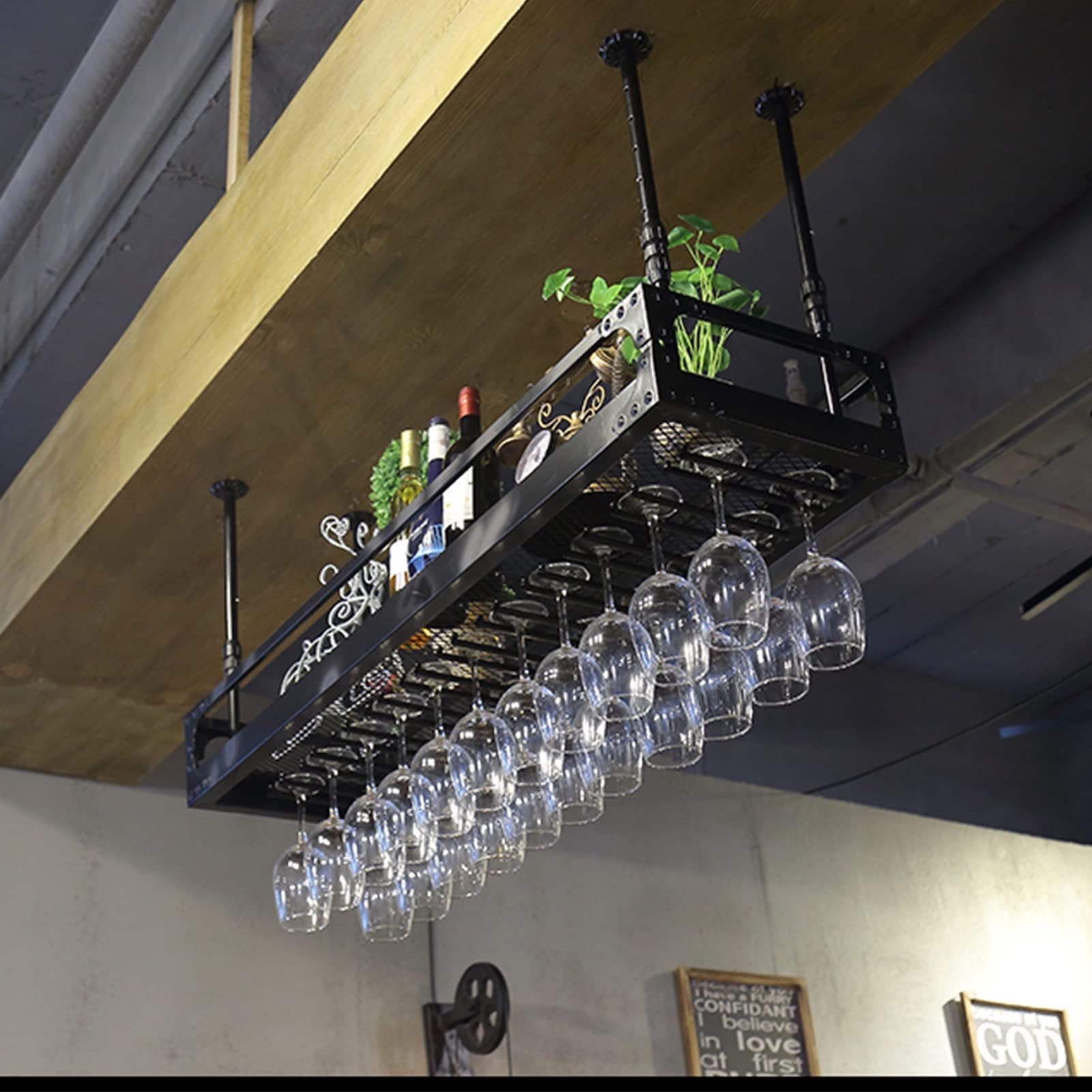 Casier à vin décoratif au plafond suspendu en fer noir pour cuisine et bar