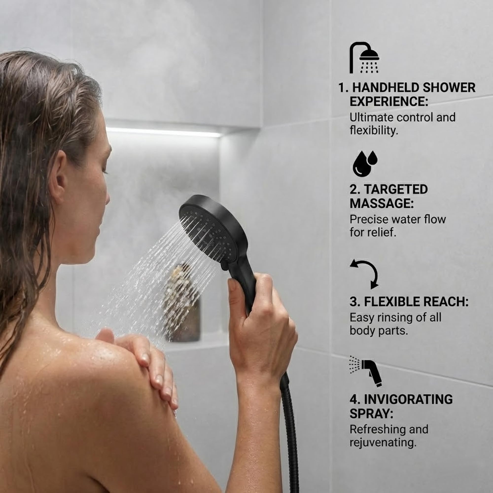 ARKO - Miscelatore termostatico con rubinetto per vasca da bagno, set doccia a pioggia e portatile, sistema termostatico per vasca e doccia (rotondo, nero)
