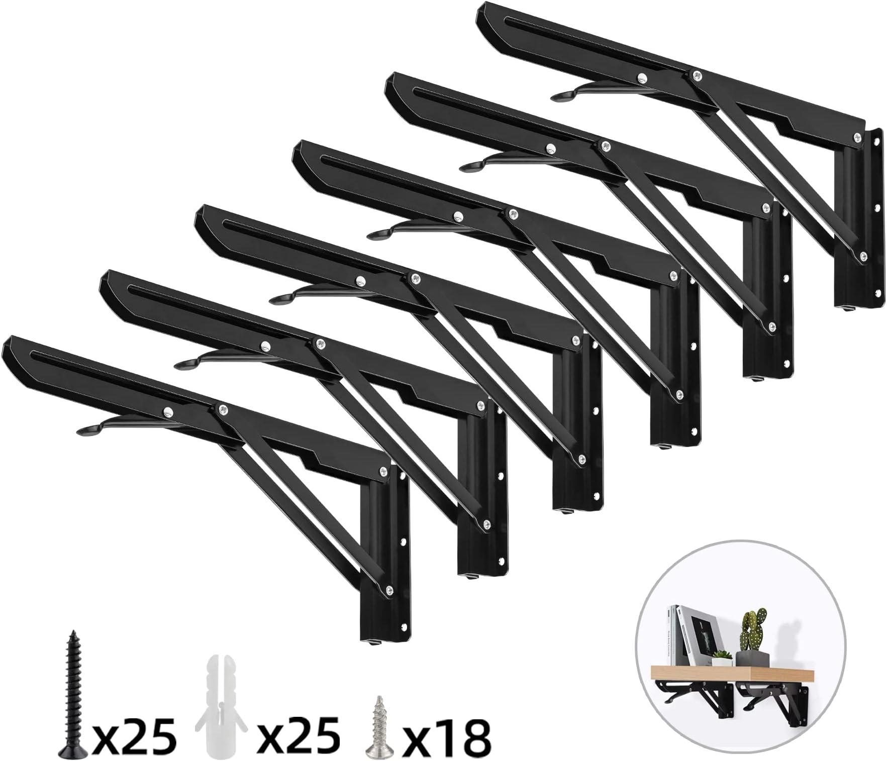 SUNVENFolding Shelf Brackets- Heavy Duty Black Table Bench Folding Shelf Bracket，Shelf Hinge Wall Mounted Space Saving Foldable Work Desk (16 Inch)